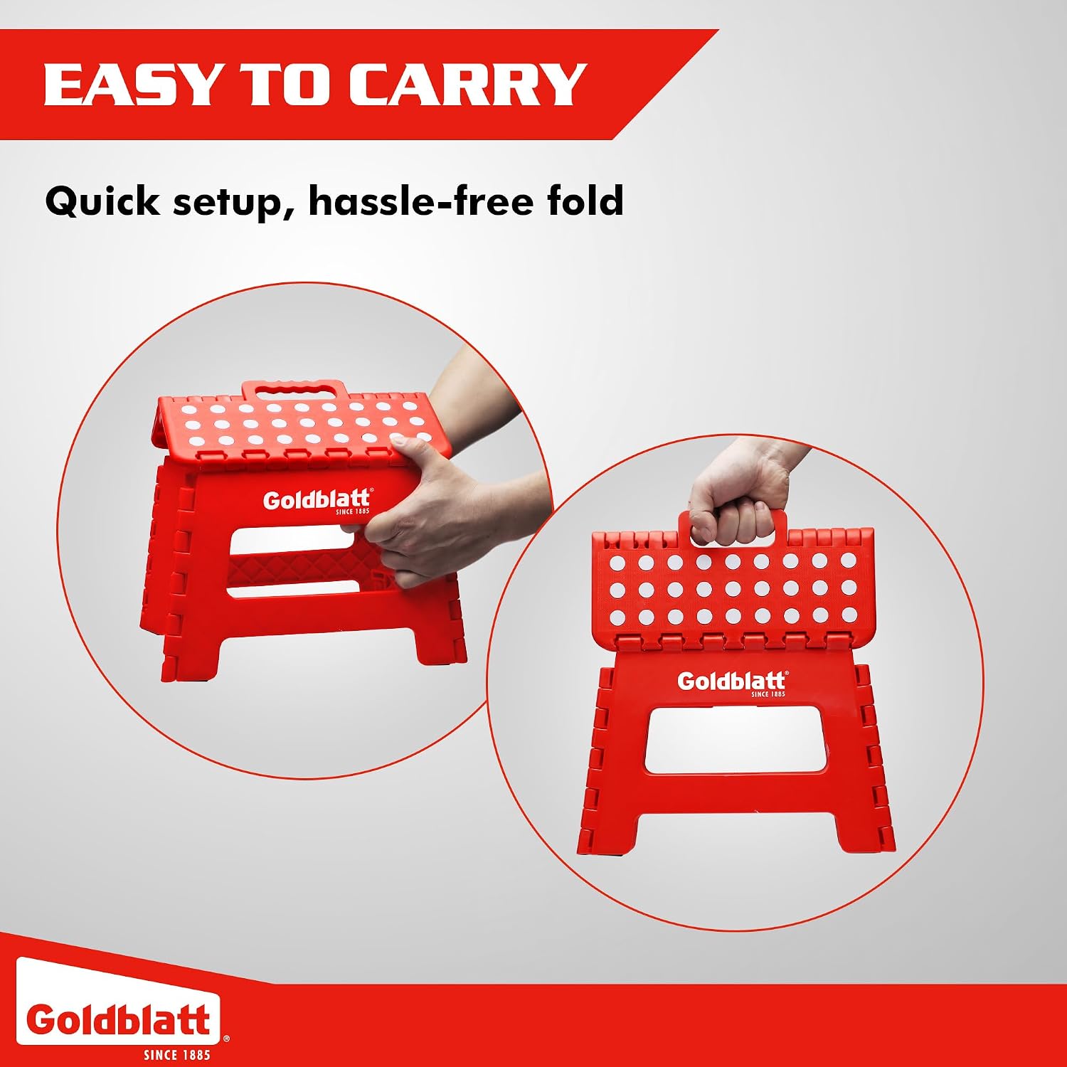 Goldblatt 8.5" Folding Step Stool for Adults and Kids, Lightweight Heavy-Duty Plastic Portable Foldable Stool with Non-Slip Top and Anti-Skid Feet, 300 lbs Capacity, Kitchen & Bathroom, Red