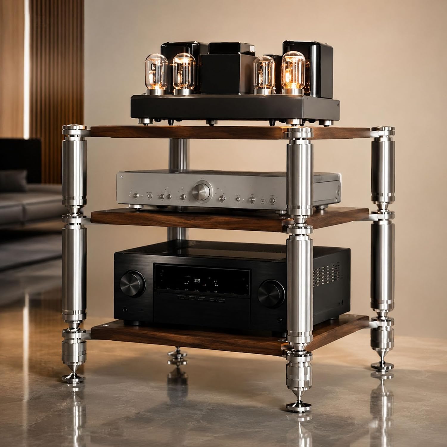 Heavy Duty AV Stand, Open Design’s Audio Racks with Shock-Absorbing Foot pegs, Strong Load-Bearing Capacity Audio Component Rack, for Offices and Recording Studios (Black Walnut, 3-Tier)