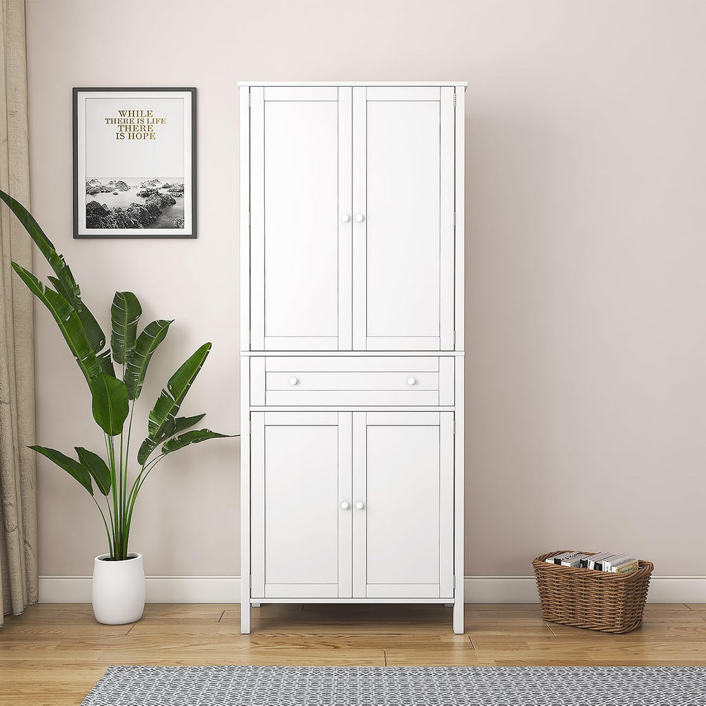 70.87" Tall Kitchen Pantry Storage Cabinet with 4 Doors and Drawer, White Wood Cupboard Locker with and Adjustable Shelves for Kitchen, Dining Room, Living Room, 29.53 inch