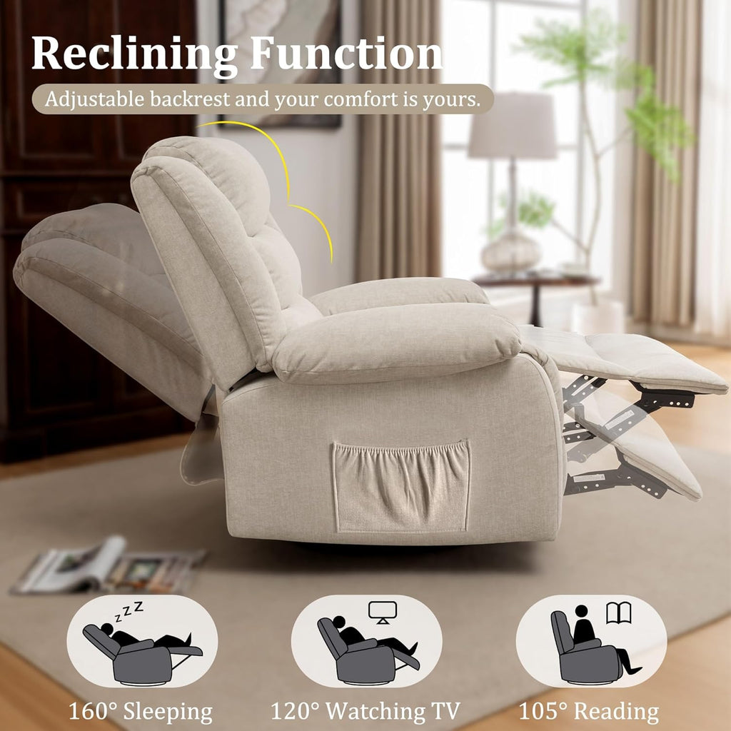 Korser Oversized Recliner Chair, Extra Wide Rocking Chair with Massage and Heat, 360° Swivel Rocker Recliner for Adults, Nursery Chair with Side Pocket, Cashmere Reclining Sofa for Living Room, Beige
