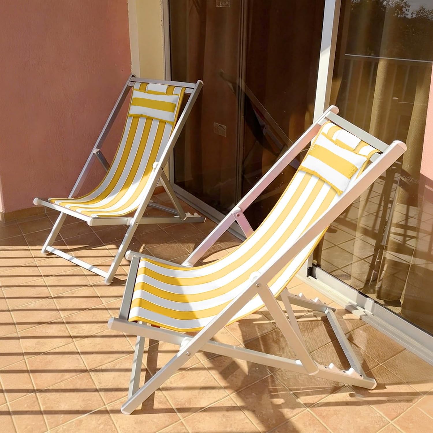 M METERXITY Beach Sling Chair Replacement Canvas, 16x44.5 Inch Folding Lounge Chair Fabric with Pillow for Beach/Sunbathing/Courtyard/Garden [Striped Yellow, Only Replacement]