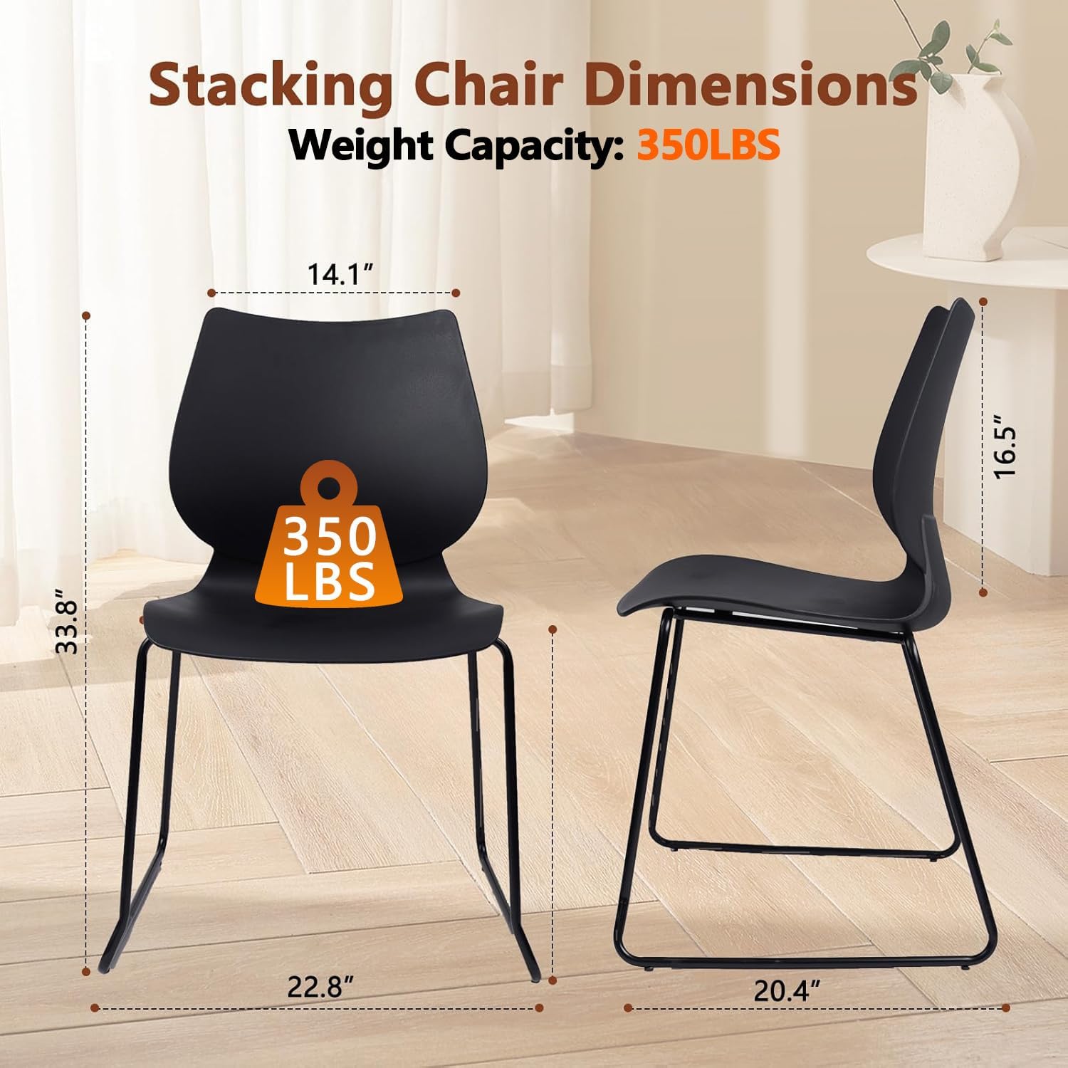 KLASIKA Stackable Waiting Room Chair, Stacking Office Chair with Ergonomic Lumbar Support and Metal Legs, Plastic Desk Chairs for Conference School Church Guest Reception Set of 12, Black