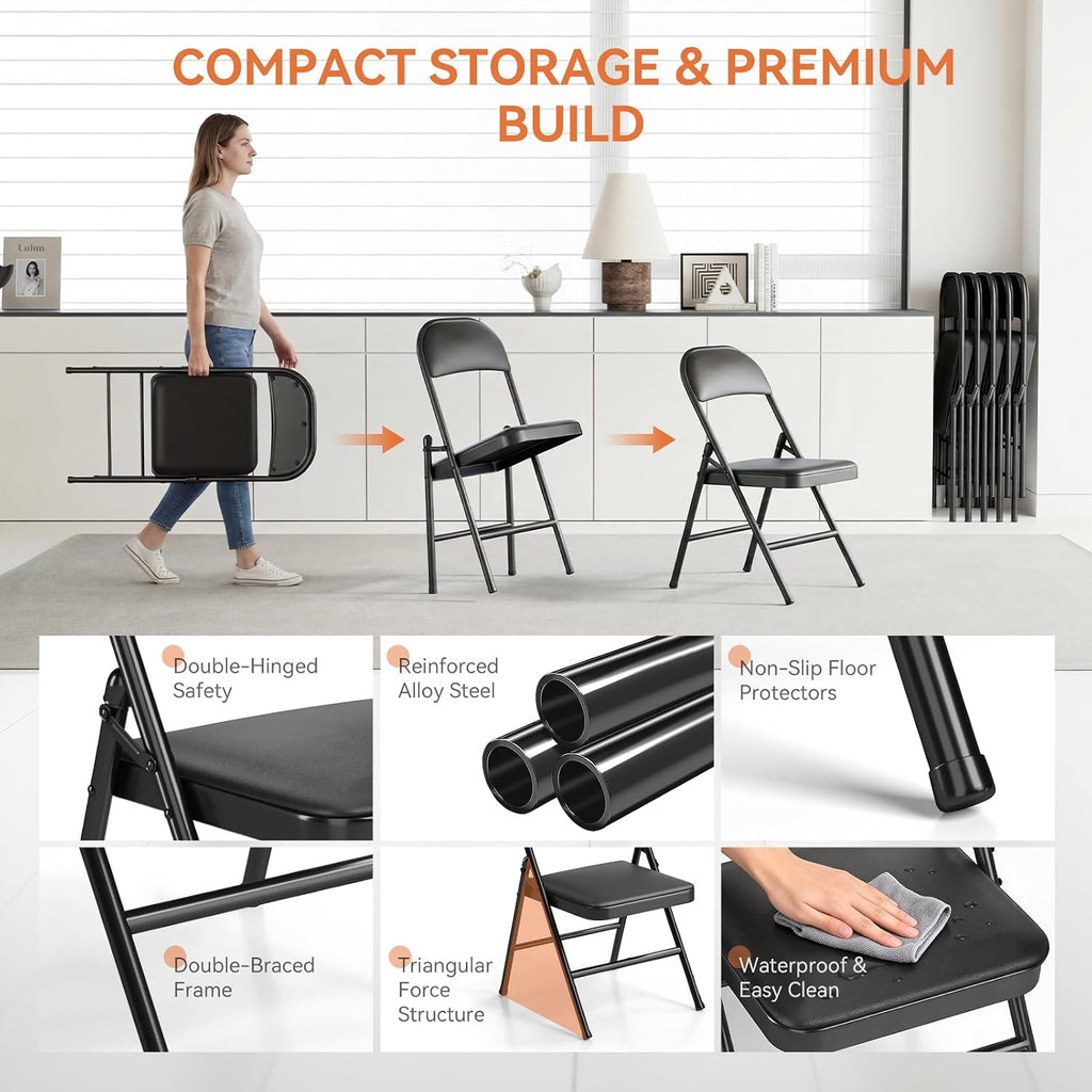 Upgrade 18% Thicker 6 Pack Folding Chair with Cushion Heavy Duty Folding Chair for Outside and Indoor Leather Padded Folding Chairs Durable Steel Frame for Home and Office Party