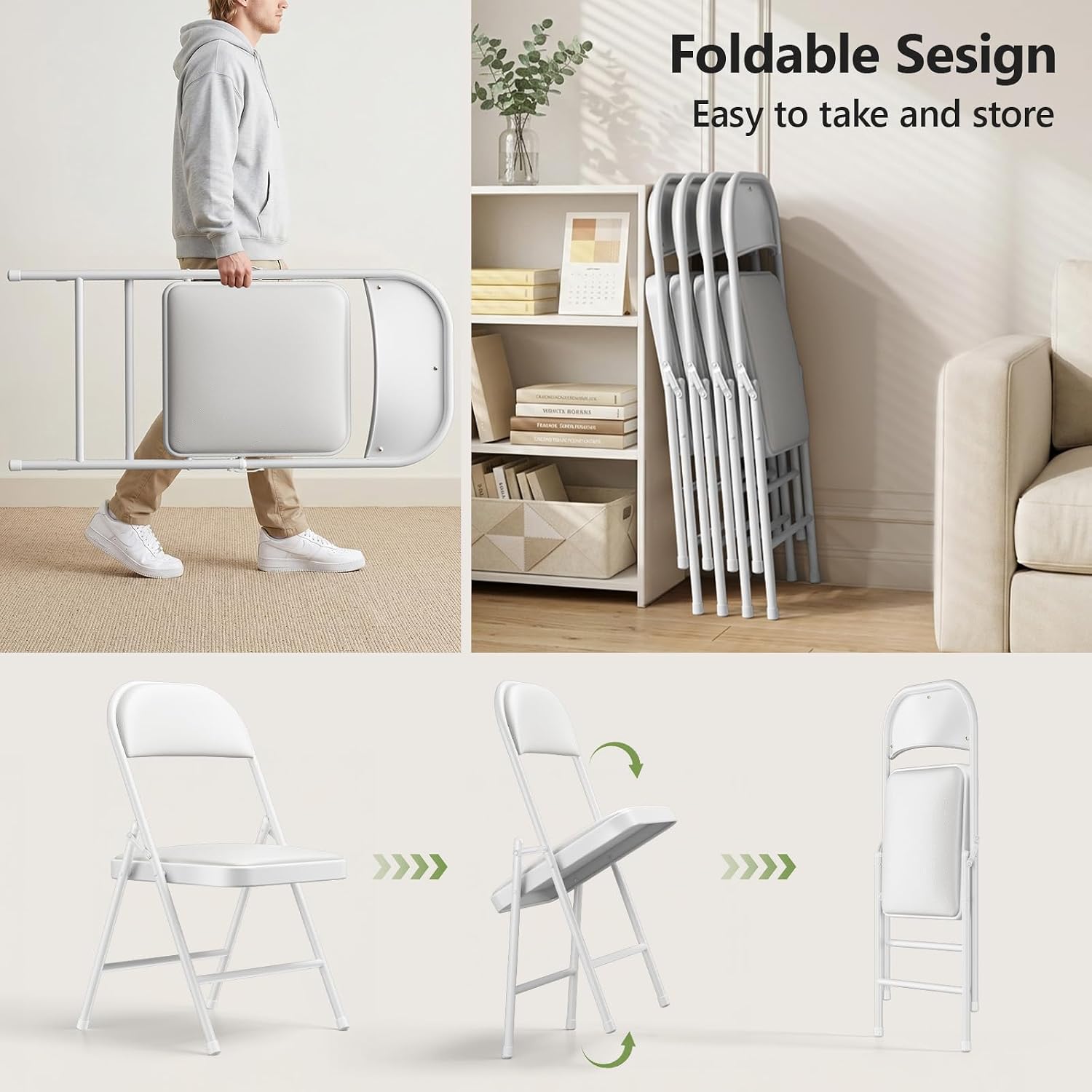 Folding Table and Chairs, 5ft Folding Table with Adjustable Height& PU Leather Padded Folding Chairs 4, Portable Table and Chairs Set for Indoor&Outdoor Party, Camping Use(White Table& White Chair)