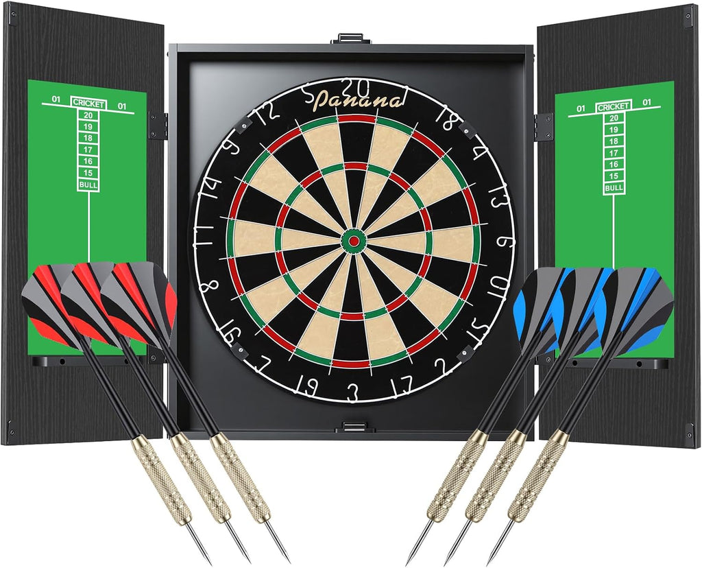 Panana Steel Tip Dartboard Cabinet Set with 6 Darts, 2 Sets of Flights, and Scoreboard Doors for Family Game Pub Target Board