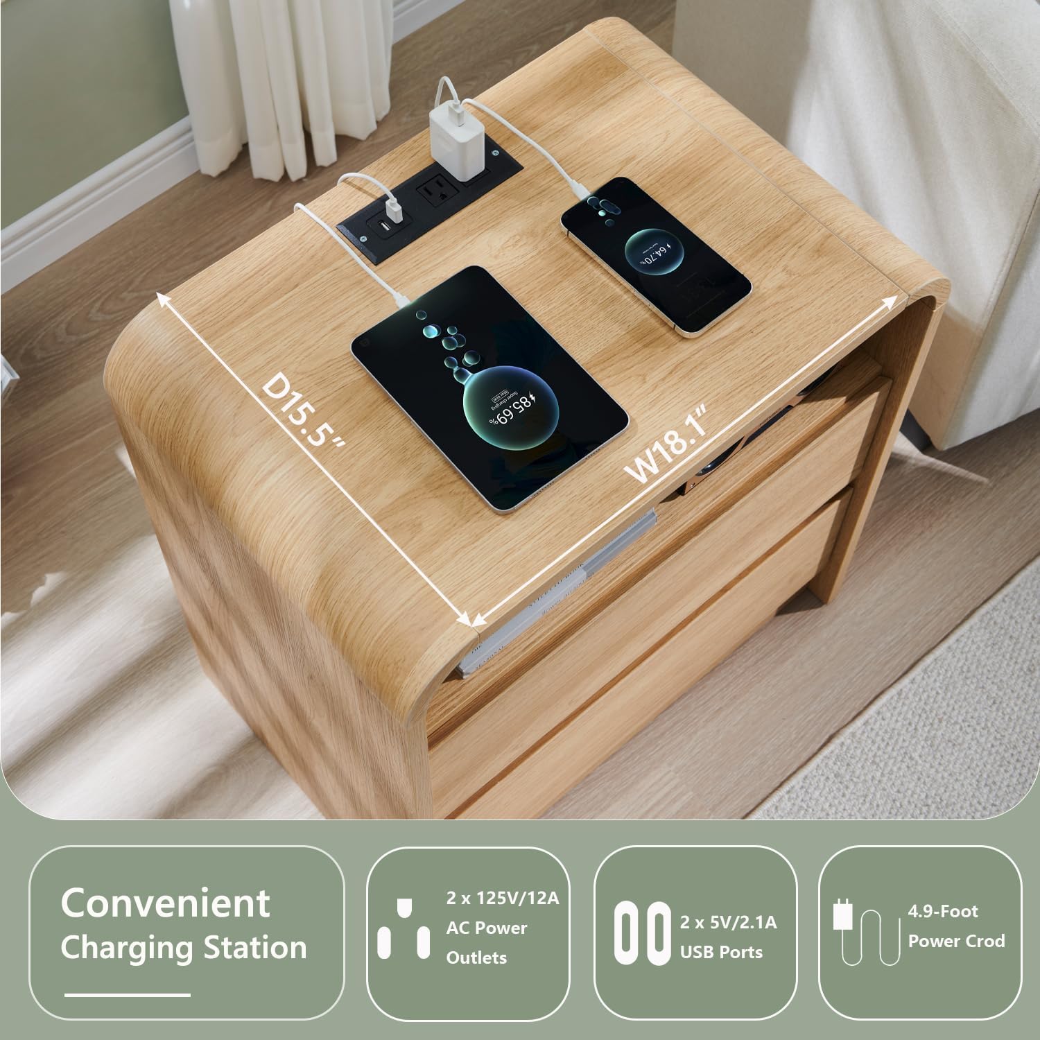 Aitjunz 25" Tall Modern Nightstand with Charging Station, 23.6'' Wide Wood Bedside Table w/2 Storage Drawers, Large Mid Century End Table for Bedroom, Living Room, Curved Profile Design,Natural Oak