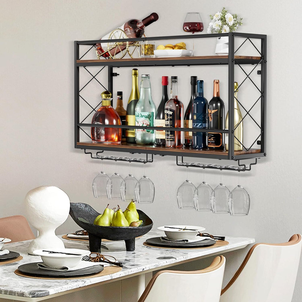 Wine Rack Wall Mounted 2 Tier Wall Wine Rack with Glass Holder, Double Layer Anti-Drop Crossbar, 31.5" Metal Wood Wall Mount Wine Holder for Home Kitchen Dining Room Coffee Shop Bar, Black