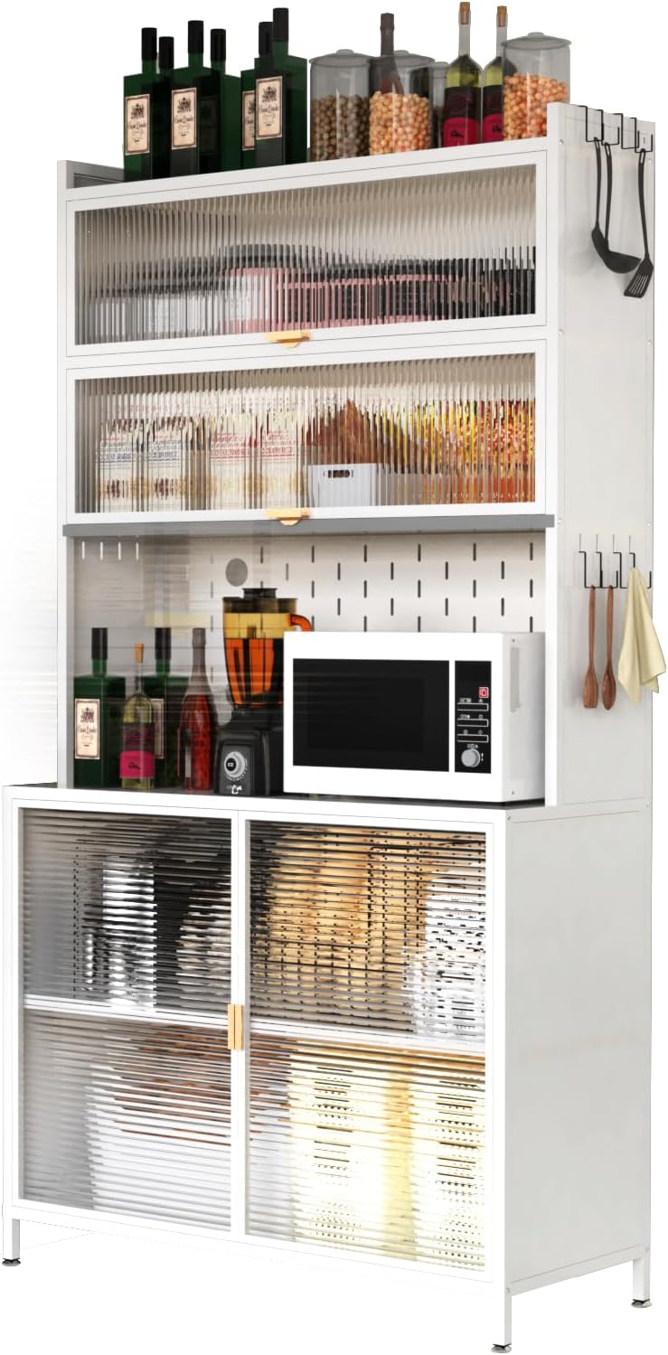 73" Metal Kitchen Pantry Cabinet with Flip Door - 6-Tier Storage Hutch with Pegboard, Adjustable Shelves - Freestanding Kitchen Storage Cabinet for Pantry Organization, Food, Dishes White (White)