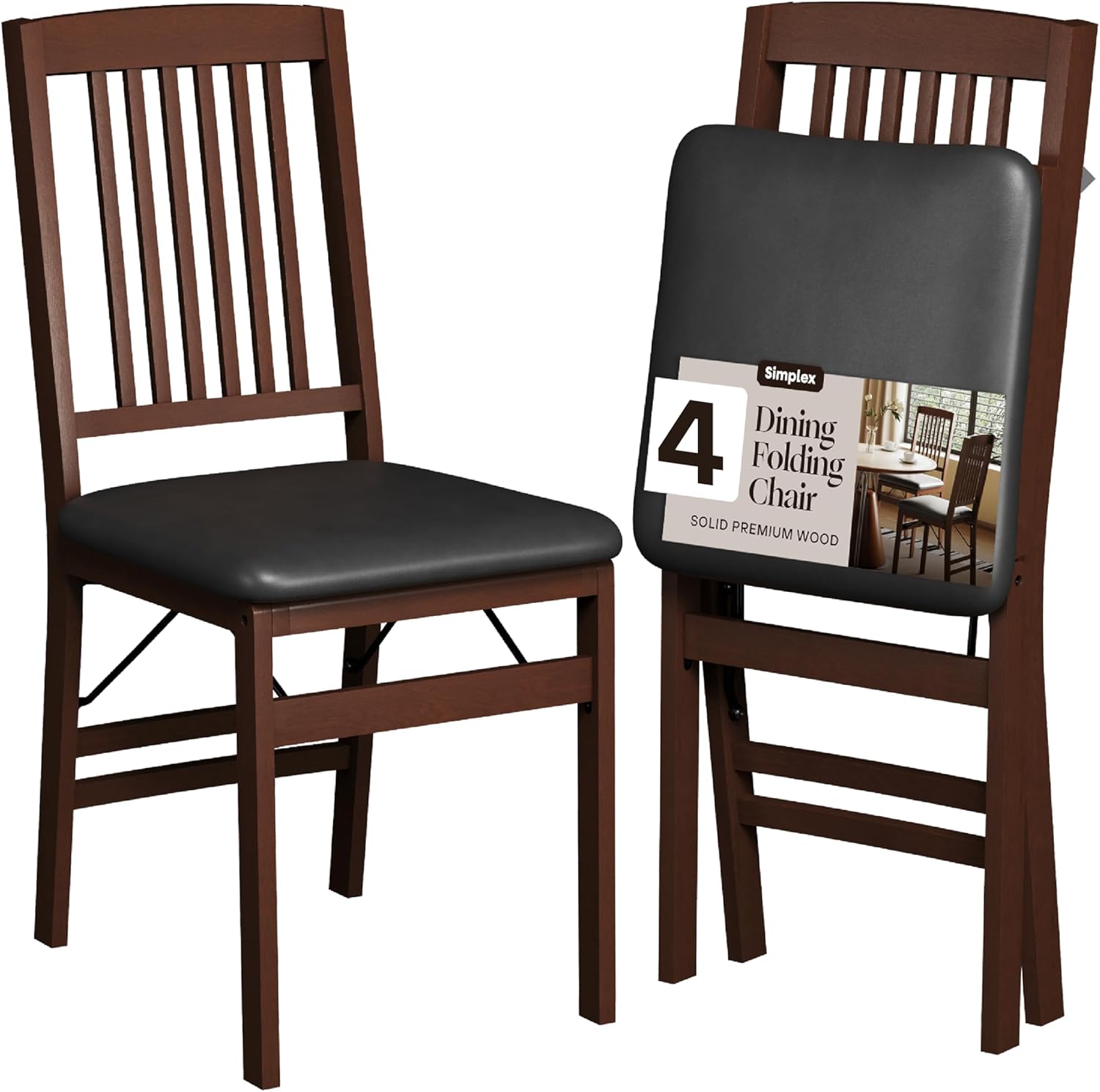 SIMPLEX Compact Folding Wood Dining Chairs – No Assembly, PU Leather Cushions, 400 lb Load Capacity, Space-Saving Design for Apartment & Kitchen Use (4 Pack)