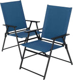 2pcs Folding Patio Chairs, Outdoor Dining Chairs with Grey Sling High Back and Armrests Used for Camping Garden Backyard Pool Porch
