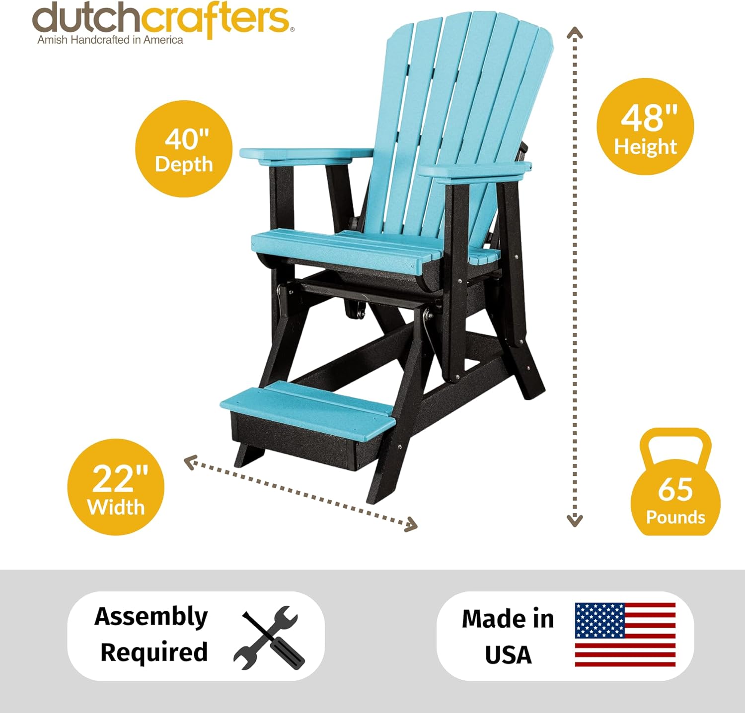 DutchCrafters Slat Fan Back Poly Balcony Adirondack Glider with Footrest Outdoor Patio Chair (Black & Blue)