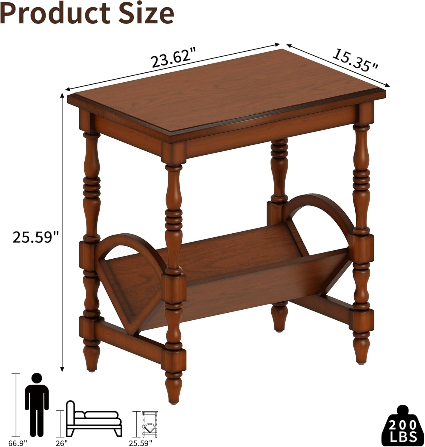 Classic Wooden Side Table with Magazine Rack, End Table with Rubberwood Legs and Birch Veneer Finish, Bedside Table with Storage Shelf for Living Room, Bedroom