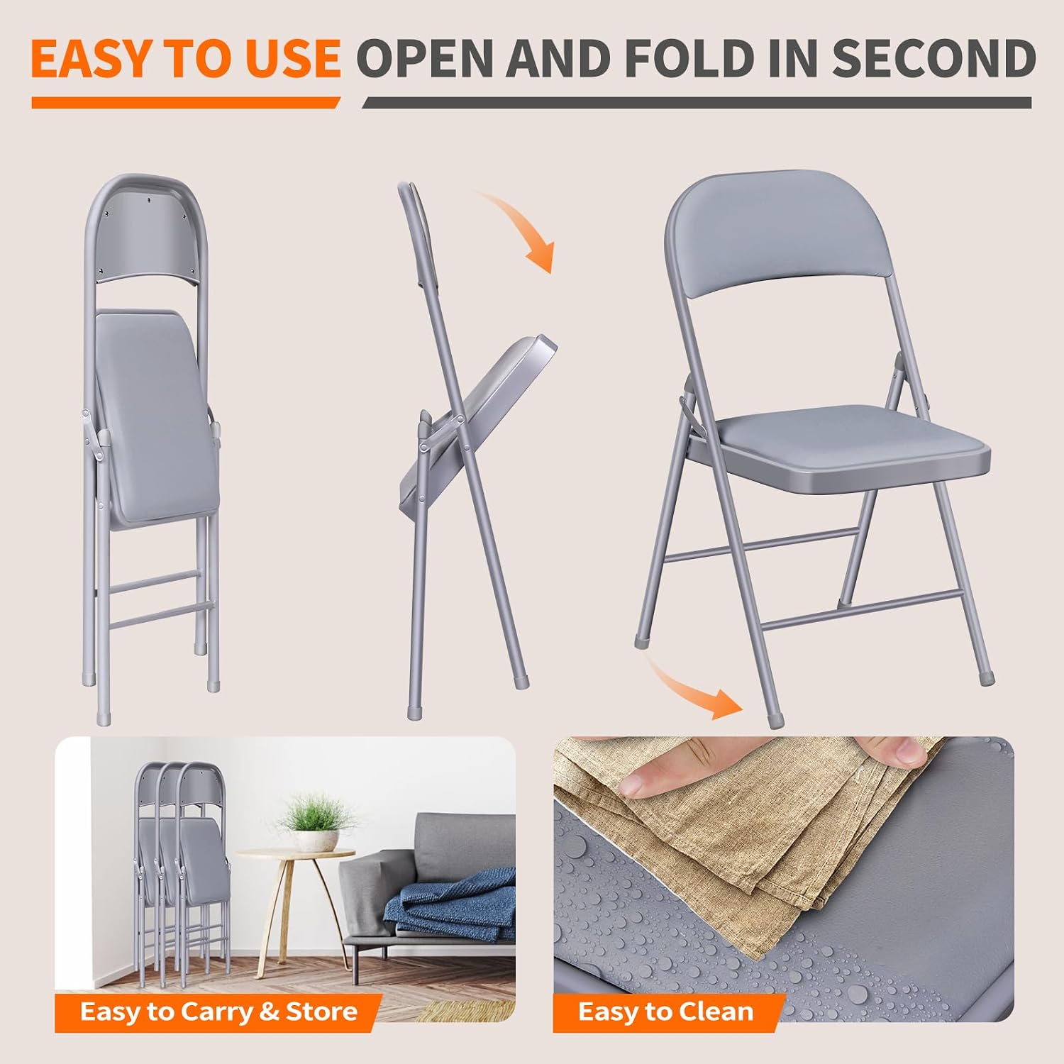 SKONYON Padded Folding Chairs Set of 6, 450LBS, PU Cushion, Gray | 6 pack gray folding chairs with cushioned seat & back, heavy duty steel frame, for party, dining & bulk event seating
