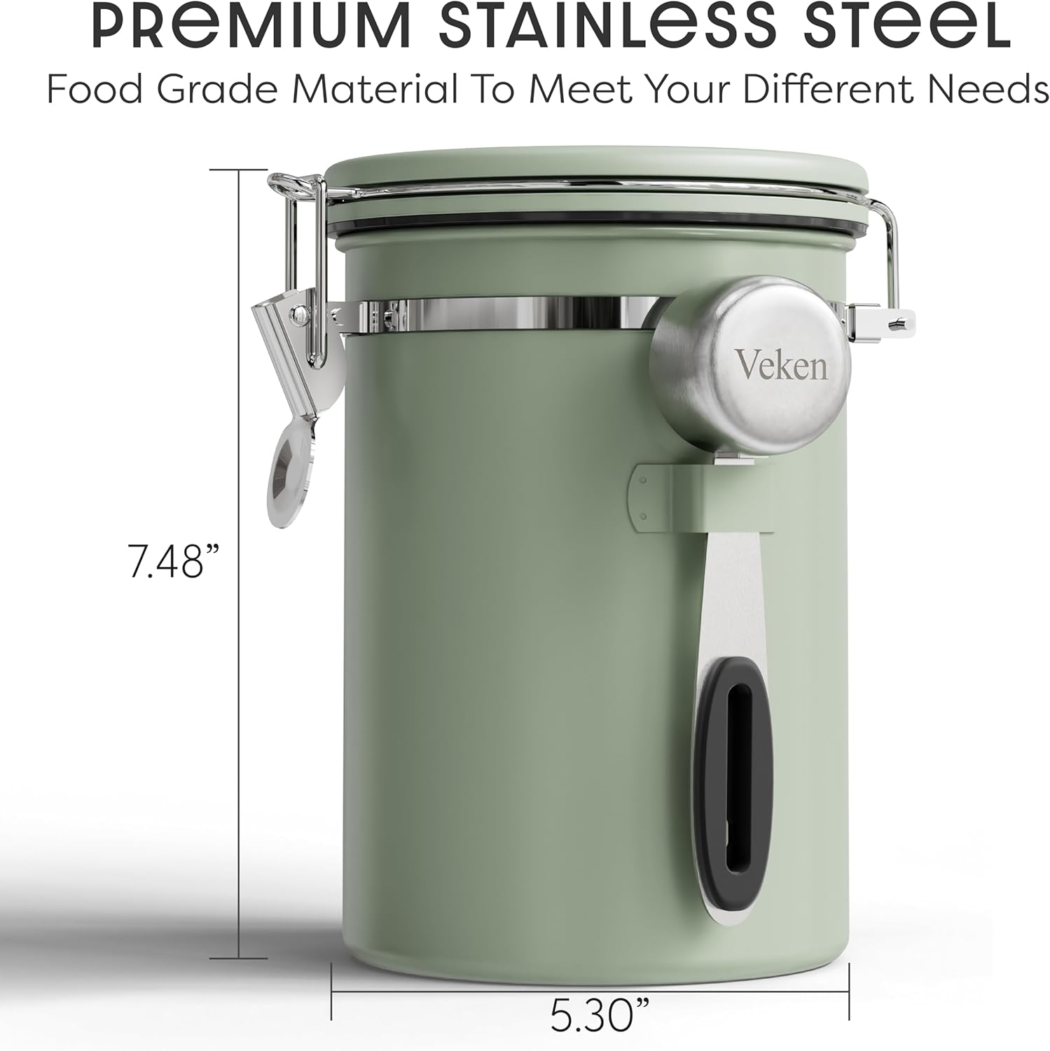Veken Coffee Canister with Window, Airtight Stainless Steel Kitchen Food Storage Container with Lids, Date Tracker and Scoop for Ground, Beans, Tea, Flour, Cereal, Sugar Jars, 22OZ, Green