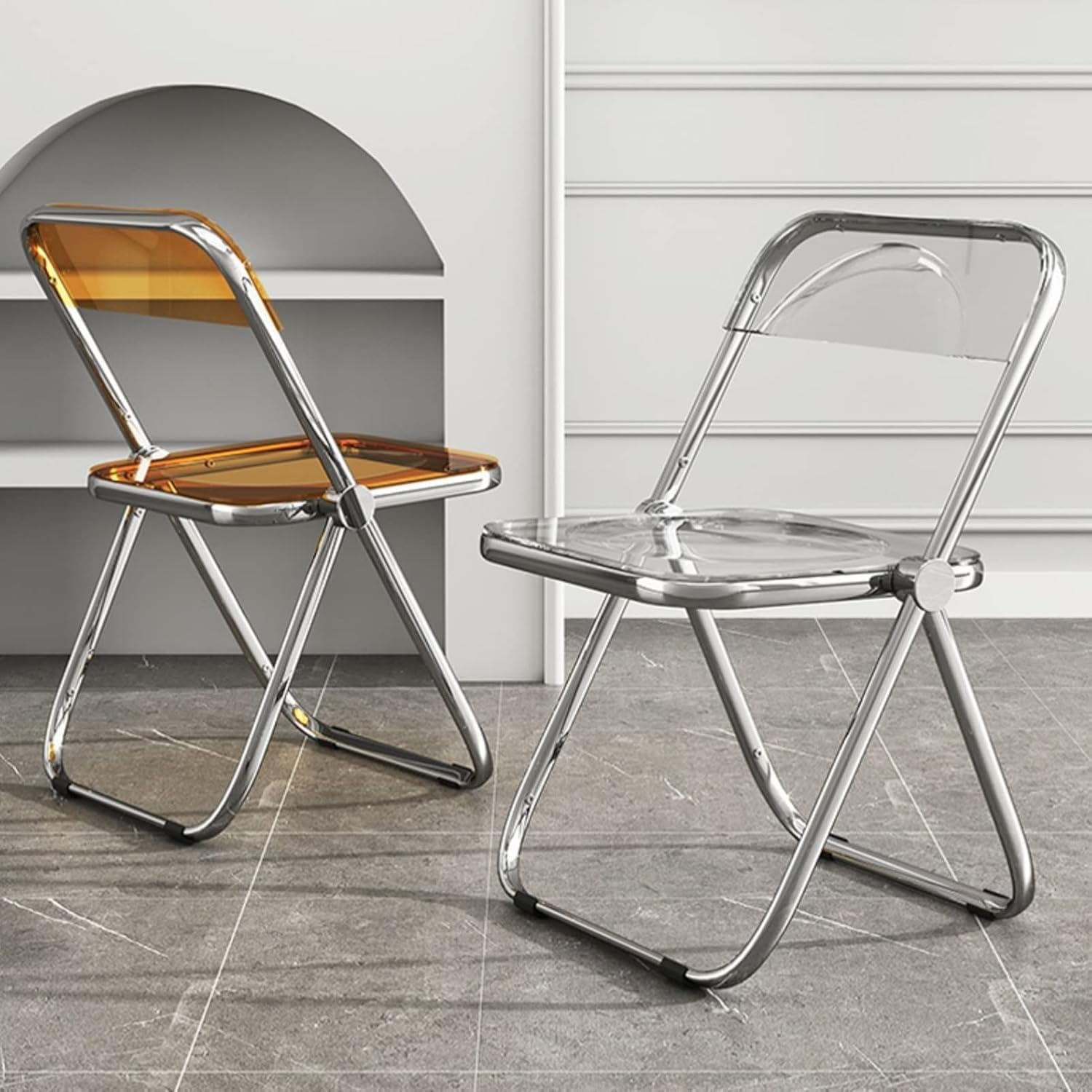 Transparent Folding Chair Modern Dining with Chrome Frame Acrylic Chair PC Plastic Living Room Seat(Yellow)