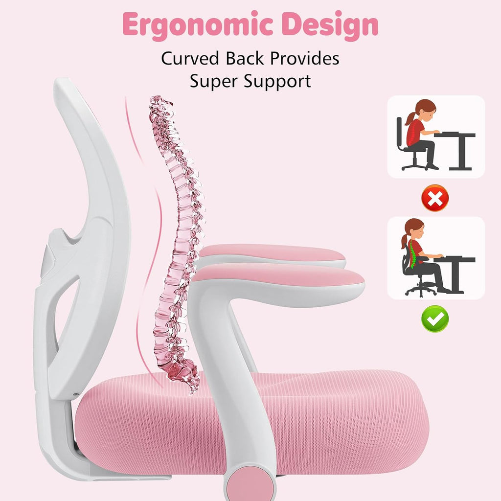 HOFFREE Kids Desk Chair Ergonomic Study Chair with Flipped Armrest and Footrest Adjustable Height Swivel Kids Computer Chair Mesh Desk Chair for Boys Girls Children at Home Bedroom Study Room Pink