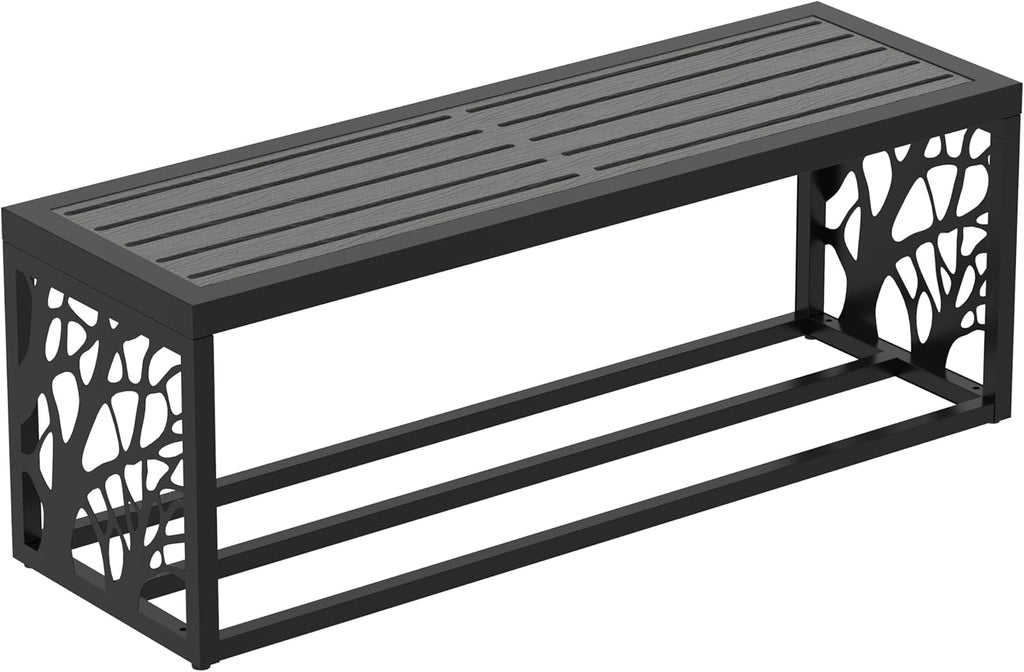 47" Outdoor Garden Bench with Storage Shelf, Modern Black Entryway Bench, Wood-Grain HDPE Seat, Galvanized Steel Frame with Powder Coating for Porch, Yard, Patio, Tree