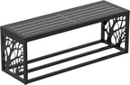 47" Outdoor Garden Bench with Storage Shelf, Modern Black Entryway Bench, Wood-Grain HDPE Seat, Galvanized Steel Frame with Powder Coating for Porch, Yard, Patio, Tree