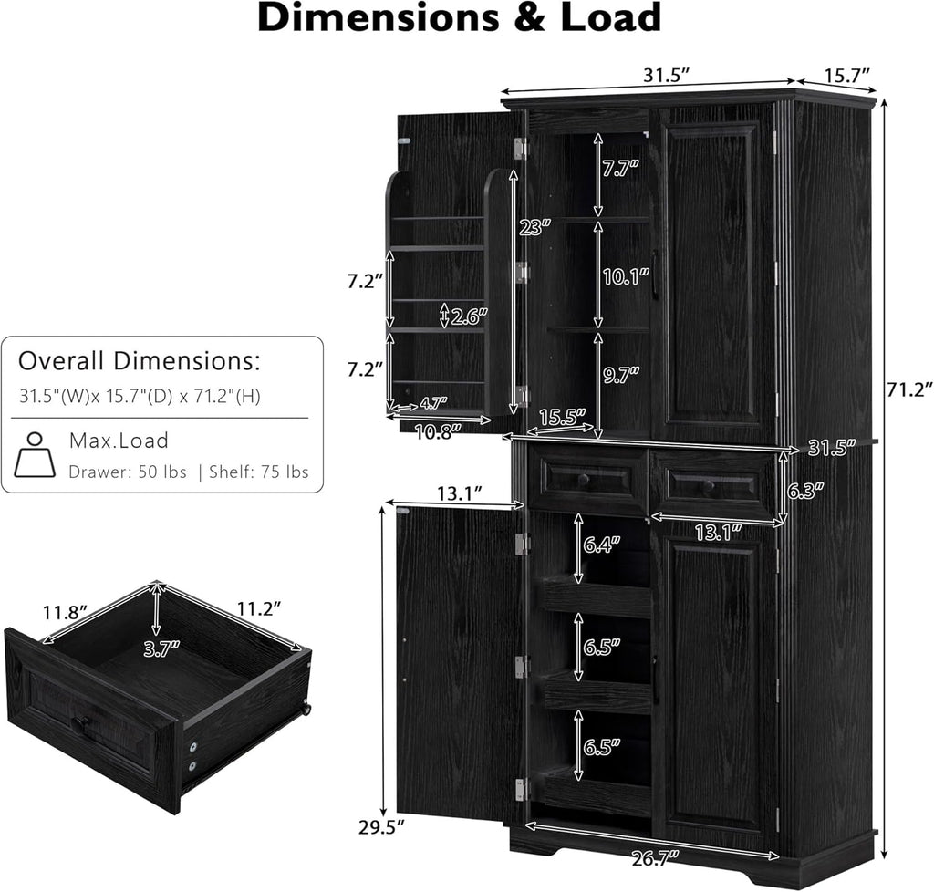 Tall Kitchen Pantry with 3 Pull Out Storage Organizers,Farmhouse Embossed Texture Storage Pantry with 6 Door Shelves,Freestanding Cupboard for Kitchen,Dining Room (Black-PC)