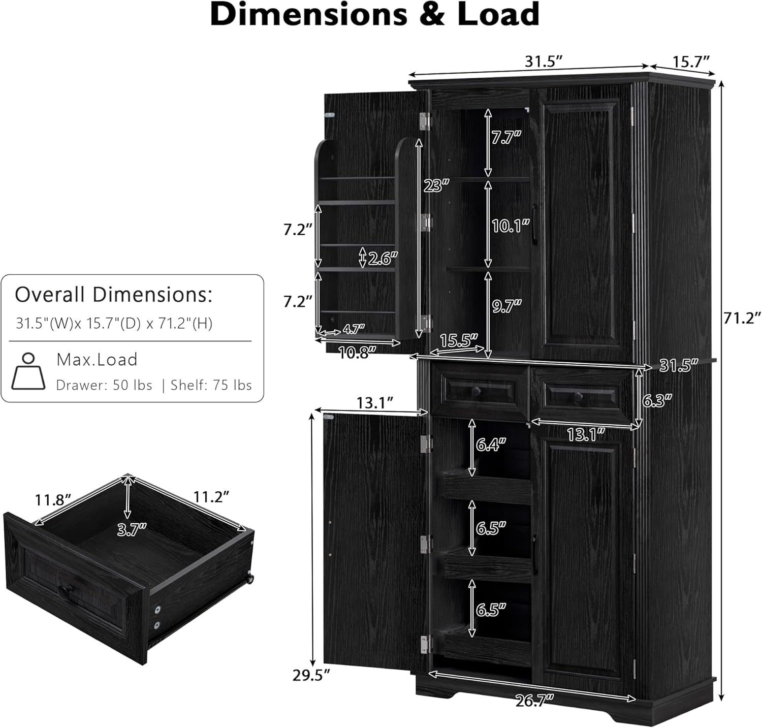 Tall Kitchen Pantry with 3 Pull Out Storage Organizers,Farmhouse Embossed Texture Storage Pantry with 6 Door Shelves,Freestanding Cupboard for Kitchen,Dining Room (Black-PC)