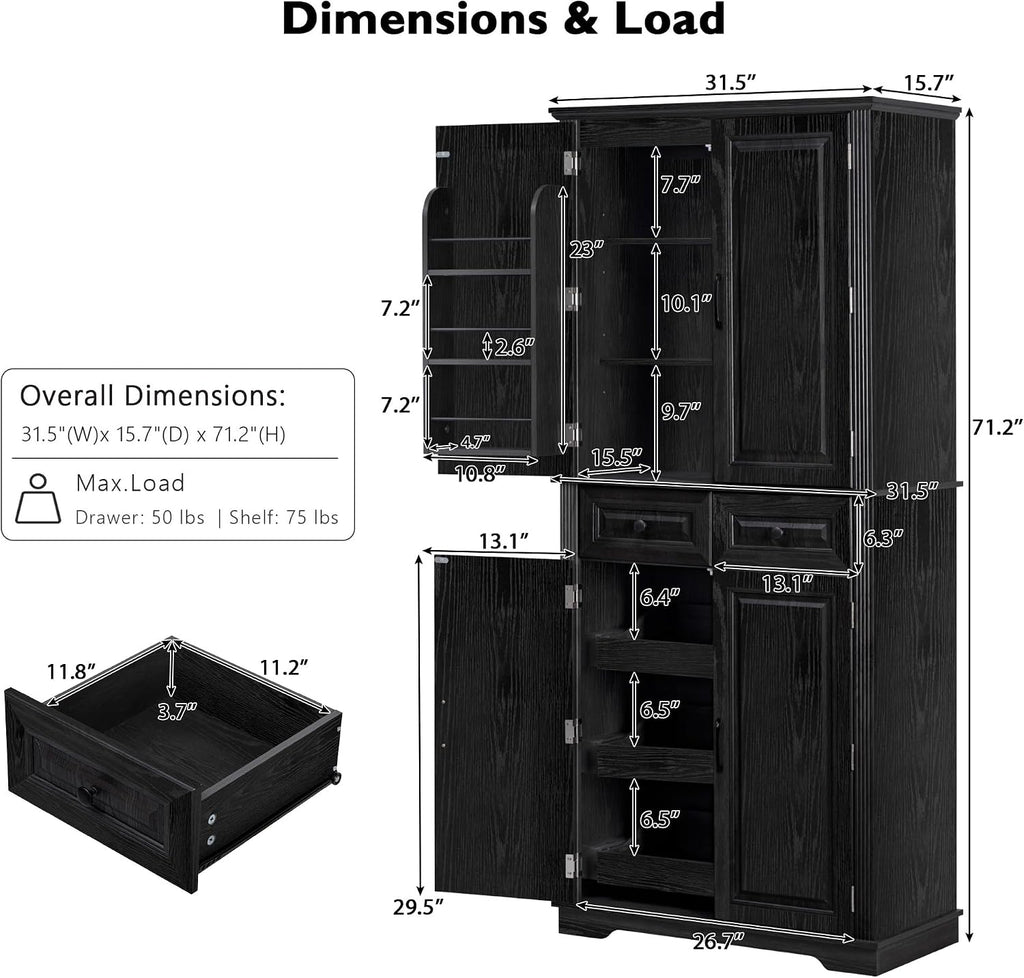 SOFTSEA Kitchen Pantry Cabinet with 6 Door Shelves and 2 Drawers, Farmhouse Embossed Texture Cupboard Cabinet with 3 Pull Out Organizers, Kitchen Hutch for Dining Room Living Room, Black