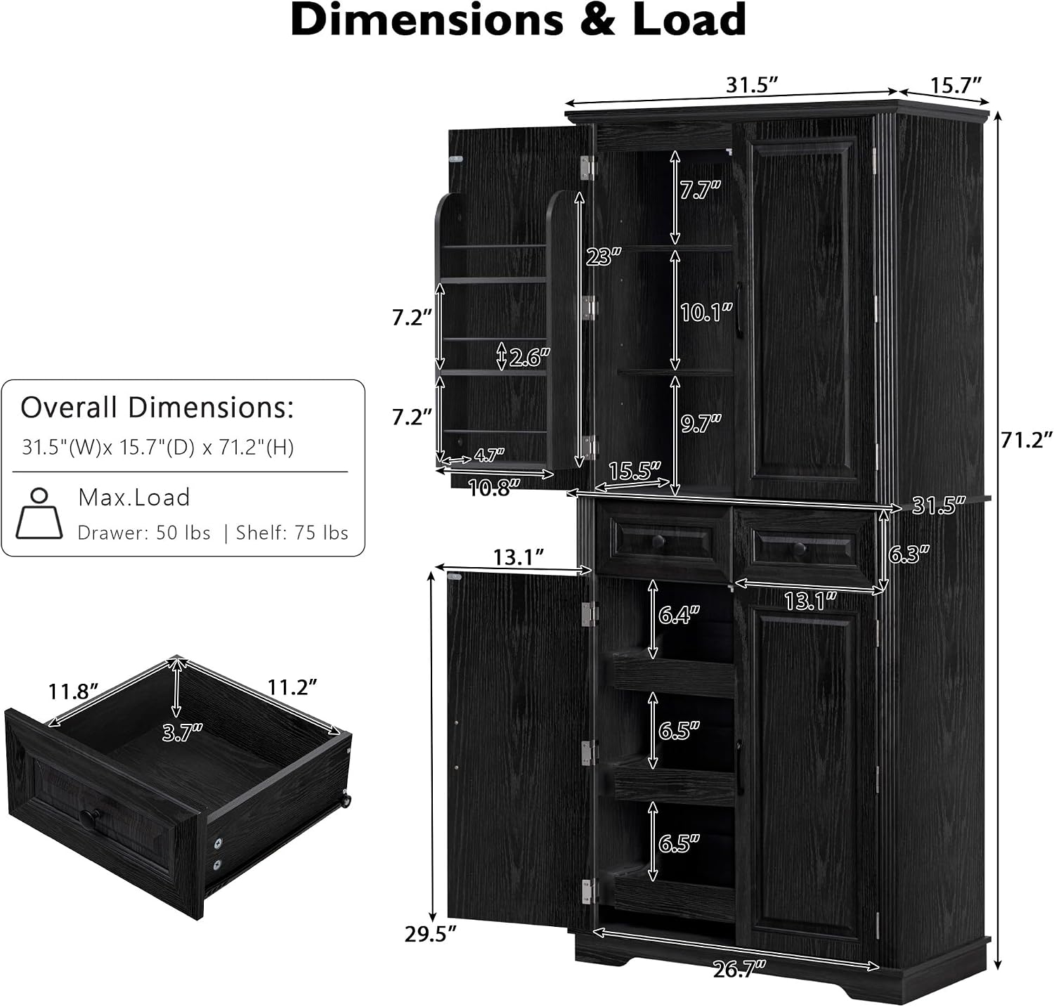 SOFTSEA Kitchen Pantry Cabinet with 6 Door Shelves and 2 Drawers, Farmhouse Embossed Texture Cupboard Cabinet with 3 Pull Out Organizers, Kitchen Hutch for Dining Room Living Room, Black