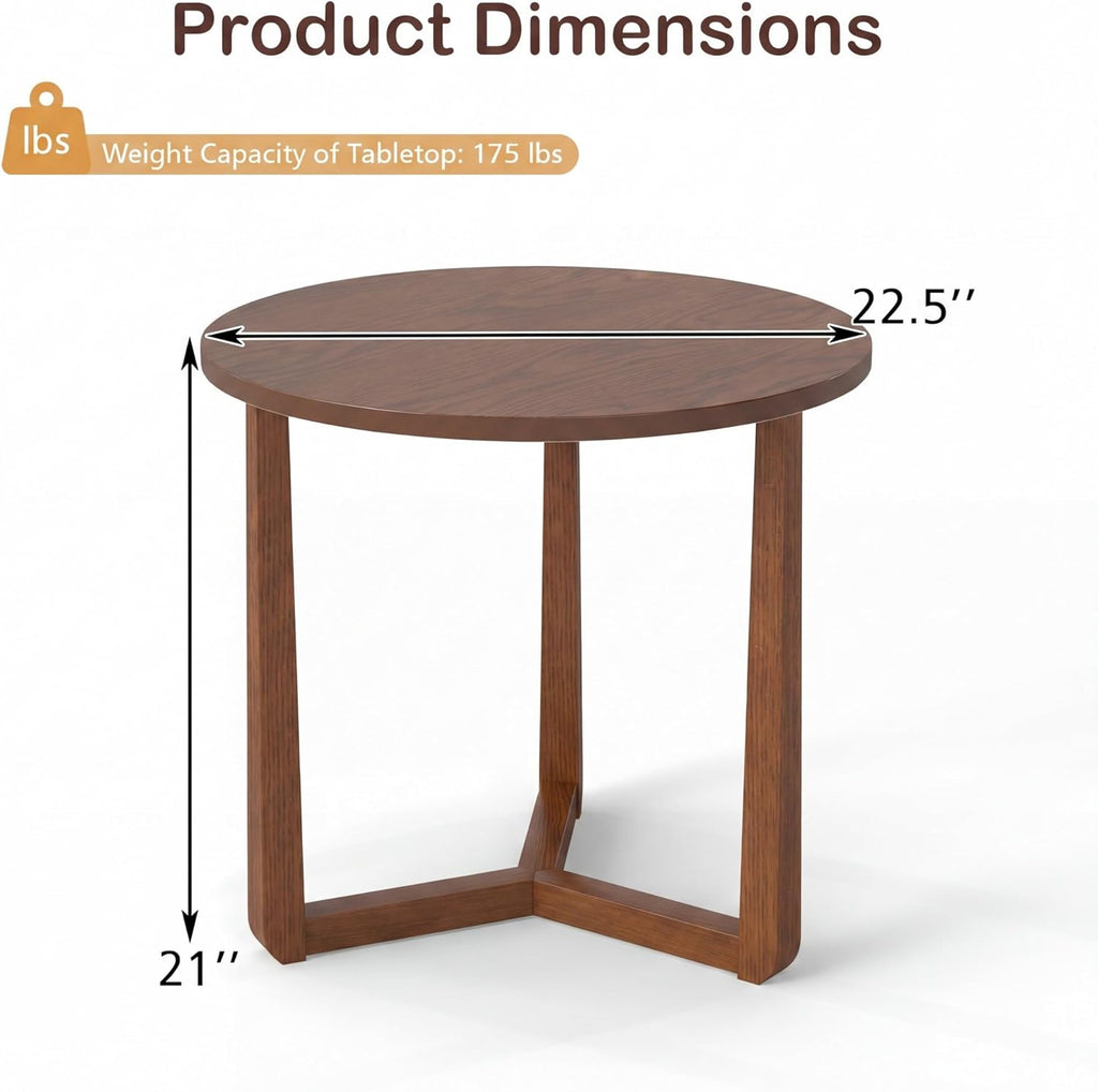 Tangkula Farmhouse Side Table, 22.5” Round End Table with Solid Rubber Wood Legs, Compact Nightstand Bedside Table for Small Spaces, Accent Table for Living Room Bedroom (Walnut,1)