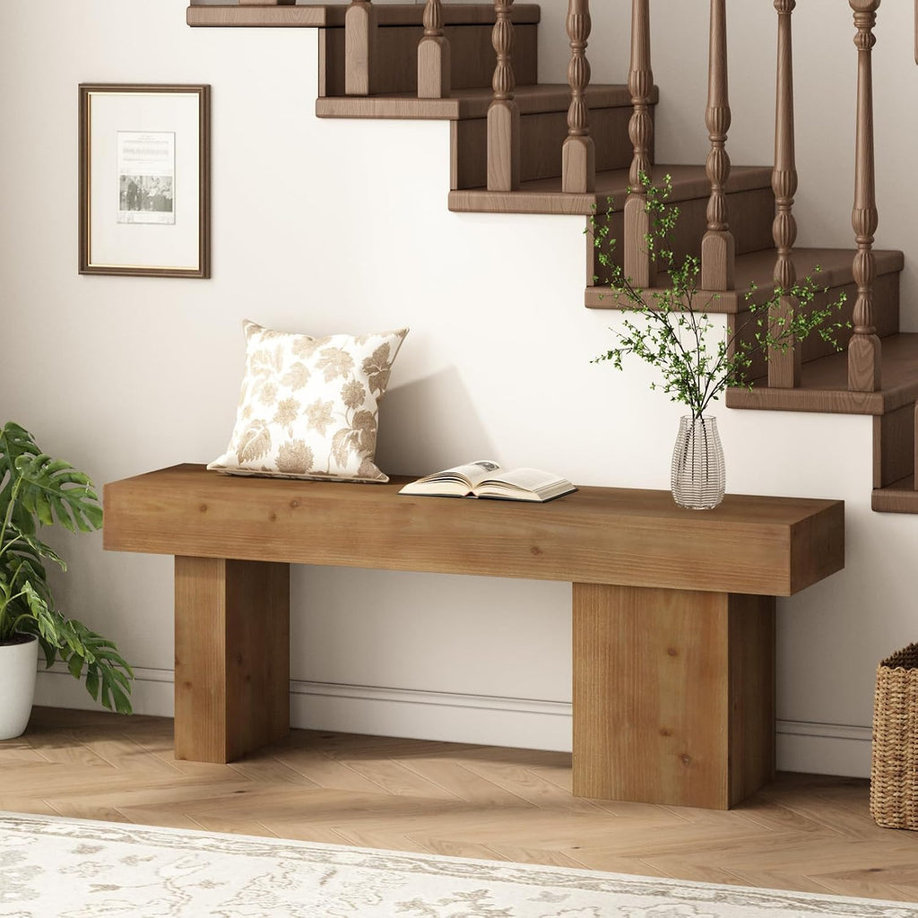 Farmhouse Solid Wood Entryway Bench, 47.3" Rustic End of Bed Bench for Bedroom, Handcrafted Accent Seating for Dining, Kitchen, Hallway, Living Room - 15 Min Assembly
