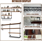Solid Wood Wall Mounted Wine Rack, Large Wine Rack with LED Light, 4 Tiers Liquor Bottles Floating Shelves with Glass Holder, Industrial Bar Shelves for Home Bar Dining Room(78.7 in/ 200CM)