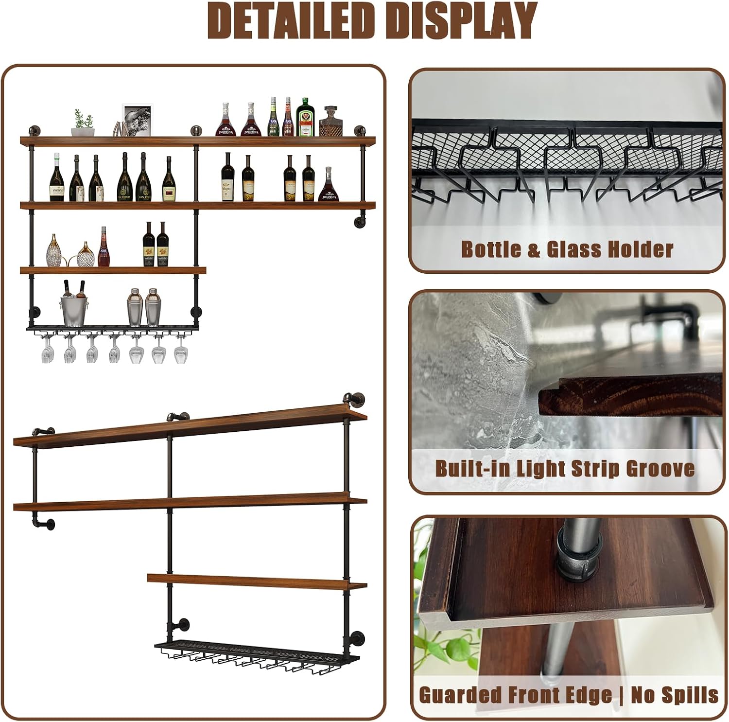Solid Wood Wall Mounted Wine Rack, Large Wine Rack with LED Light, 4 Tiers Liquor Bottles Floating Shelves with Glass Holder, Industrial Bar Shelves for Home Bar Dining Room(78.7 in/ 200CM)
