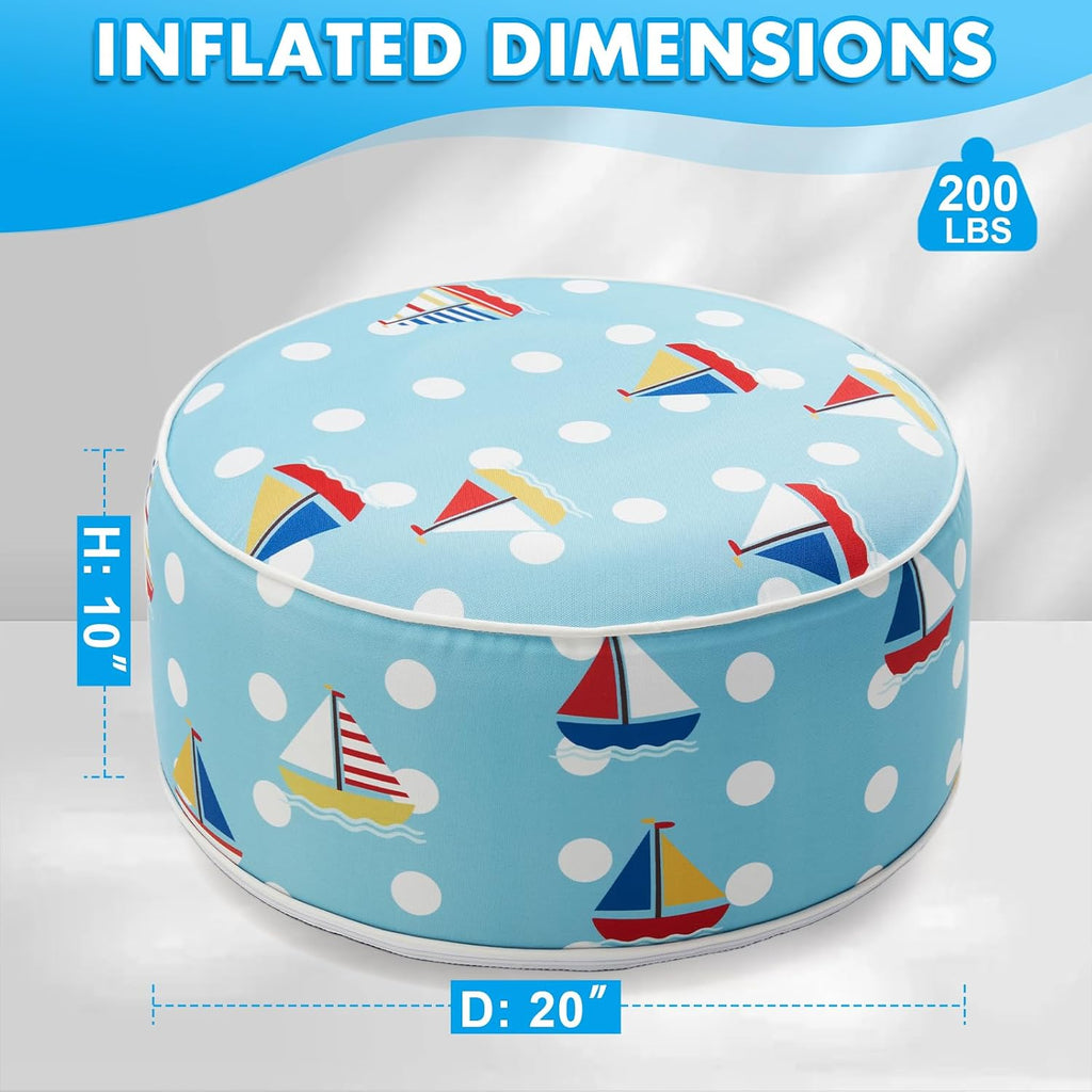 AURASUN Inflatable Outdoor Ottoman Pouf - Portable Footstool with Handle D20” x H10” - Air Pump Included for Outdoor Indoor Use - Comfortable Foot Rest or Seating for Camping or Pool (Light Blue)