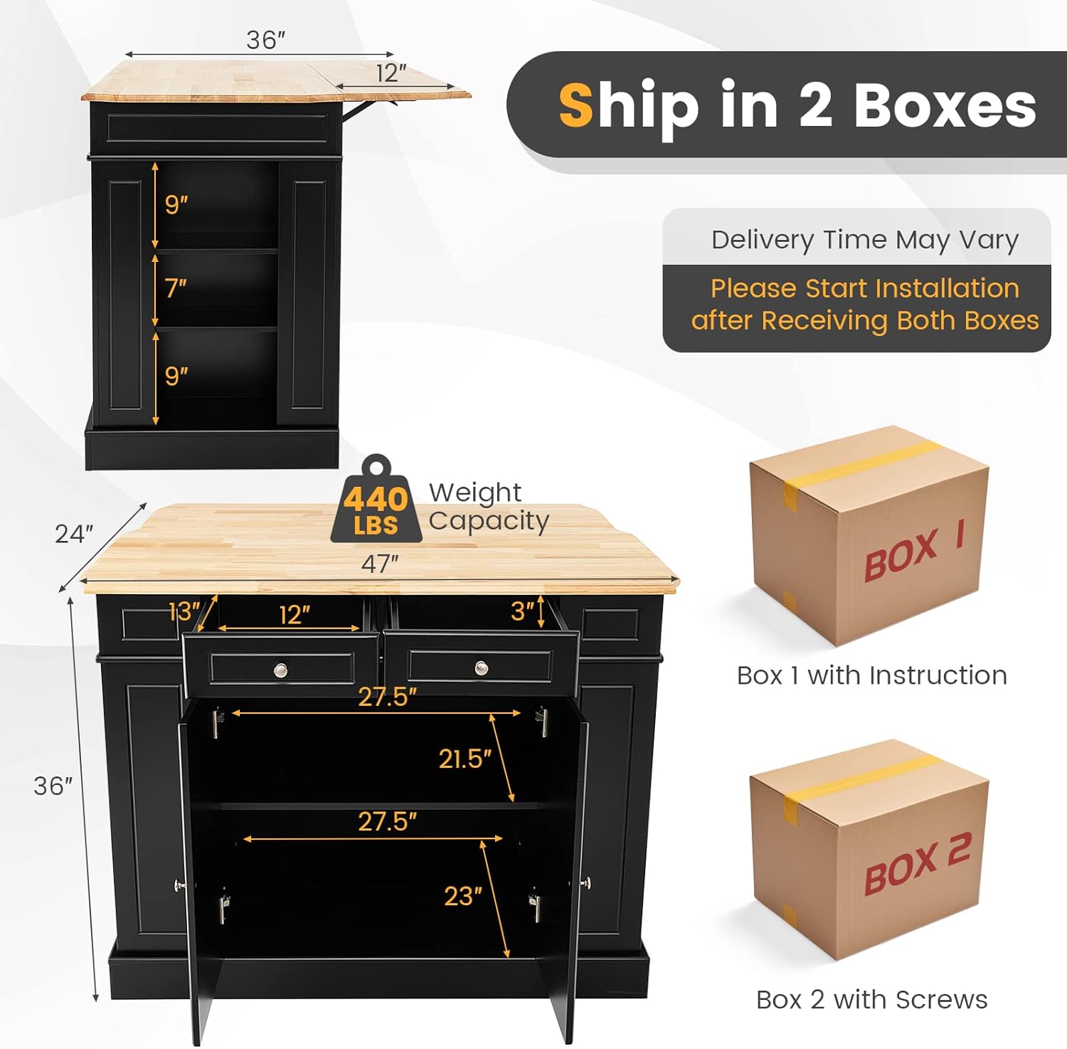 SILKYDRY Kitchen Island with Storage and Drop Leaf, Storage Cabinet with Rubber Wood Top, 2 Drawers, Adjustable Shelves, Spice Racks, Coffee Bar Table for Dining Room, Living Room (Black)