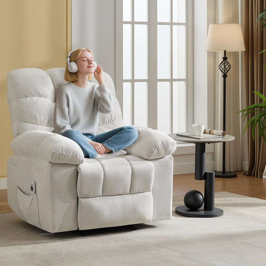 Rocking Recliner Chair with Massage & Heat, Overstuffed Fabric Upholstery, Remote Control, Side Pockets, for Living Room, Bedroom, Nursery, Home Theater, Beige