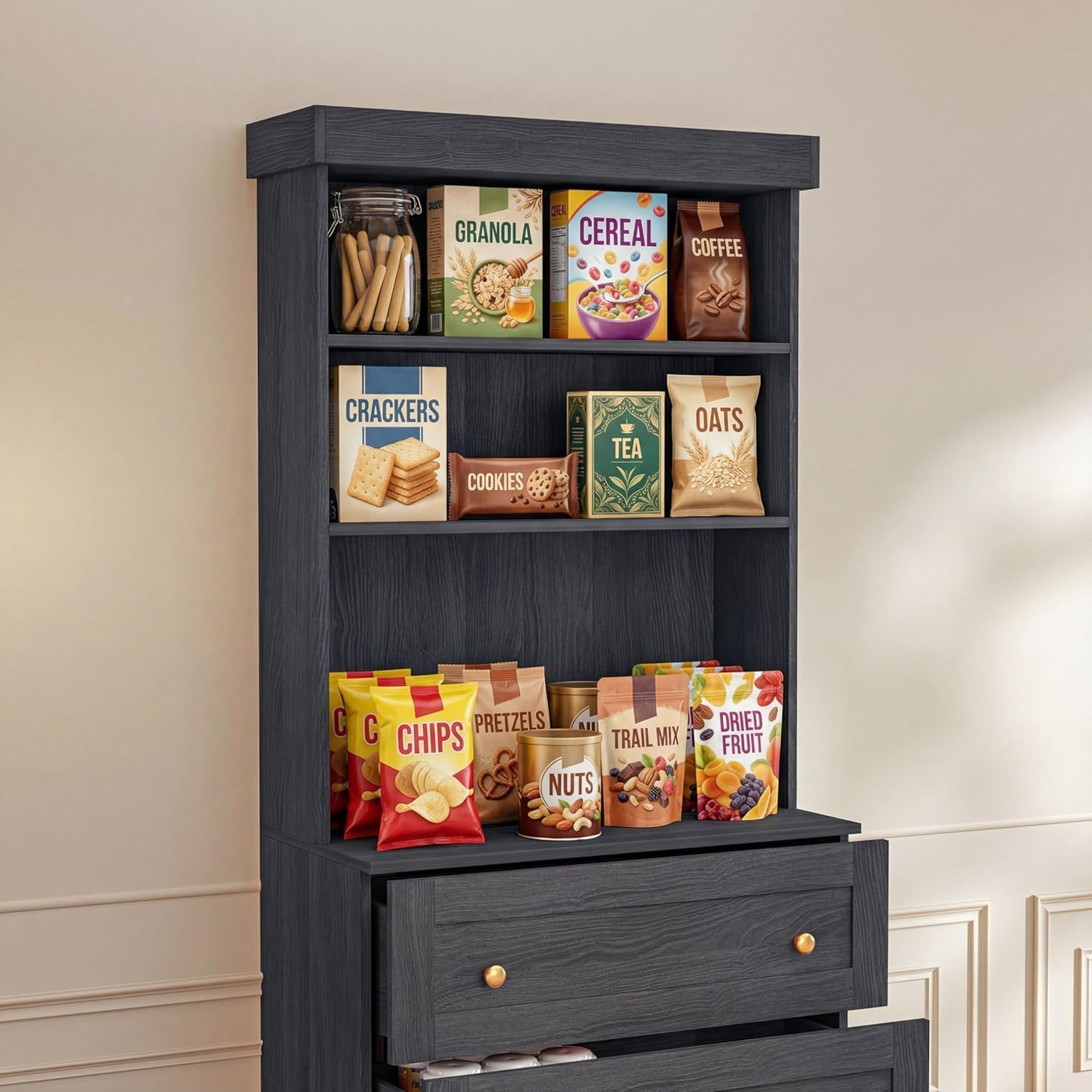 71" Black Farmhouse Kitchen Pantry Cabinet Set of 3— Freestanding Coffee Bar with Glass Doors or Drawers, Microwave Stand, Large Storage Hutch with Adjustable Shelves for Living Room and Kitchen