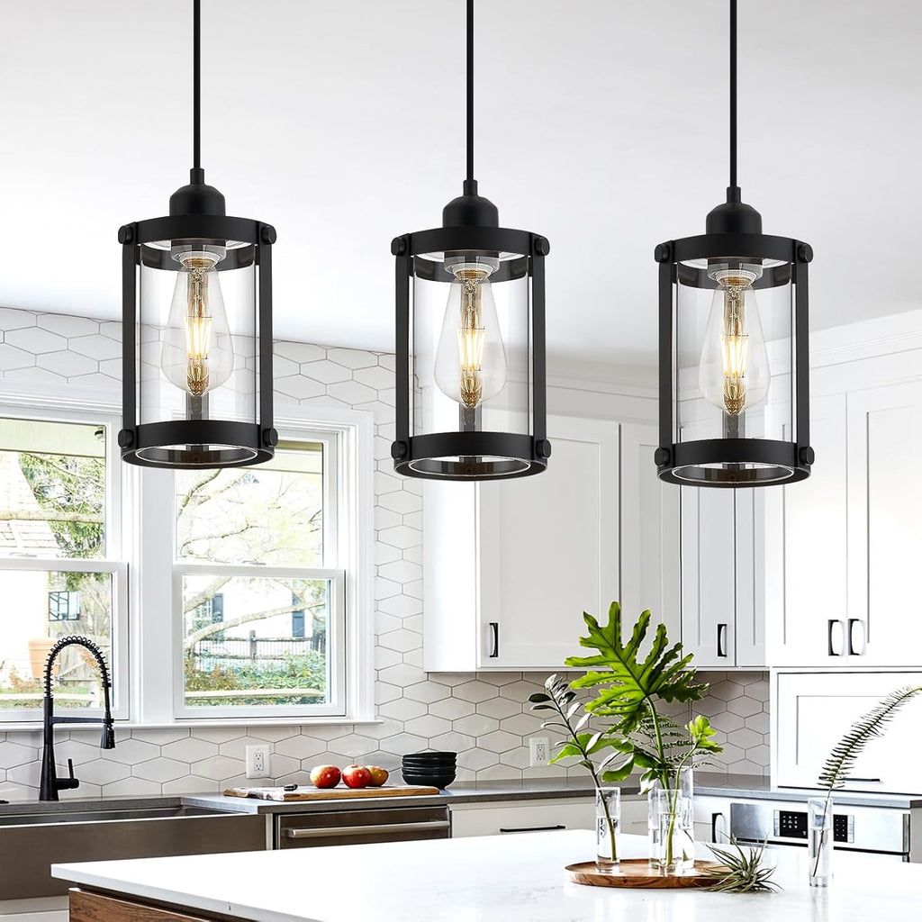 Black Pendant Lights Kitchen Island 3 Pack, Modern Kitchen Pendant Lighting Over Island with Clear Glass, Farmhouse Mini Hanging Light for Sink Dining Room, OS-3014-3PBKC