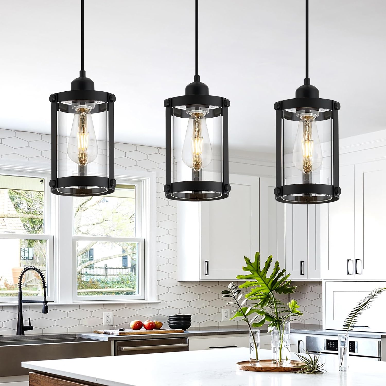 Black Pendant Lights Kitchen Island 3 Pack, Modern Kitchen Pendant Lighting Over Island with Clear Glass, Farmhouse Mini Hanging Light for Sink Dining Room, OS-3014-3PBKC