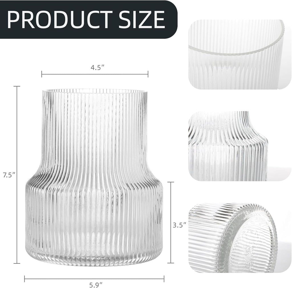 Glass Vase - Fluted, Ribbed, Decorative for Centerpieces, Modern for Living Room, Table, Entryway, Desk, Shelf, Wedding, Office - 7.5 Inches