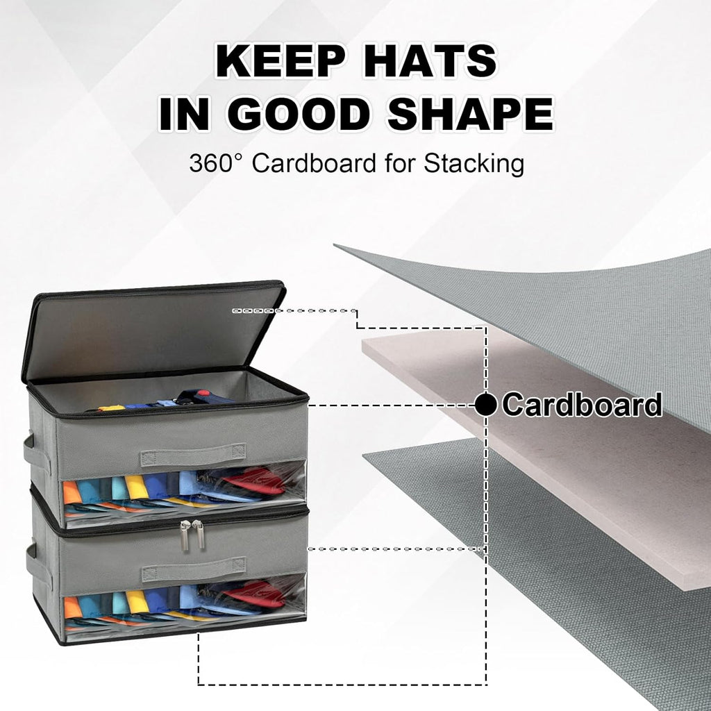 2 PCS Stackable Hat Storage for Baseball Caps, Space Saving Hat Organizer Box for Closet, with All Around Cardboard Support, Zipper Lid, Clear Window and 3 Handle, Each Holds 12 Hats, Grey