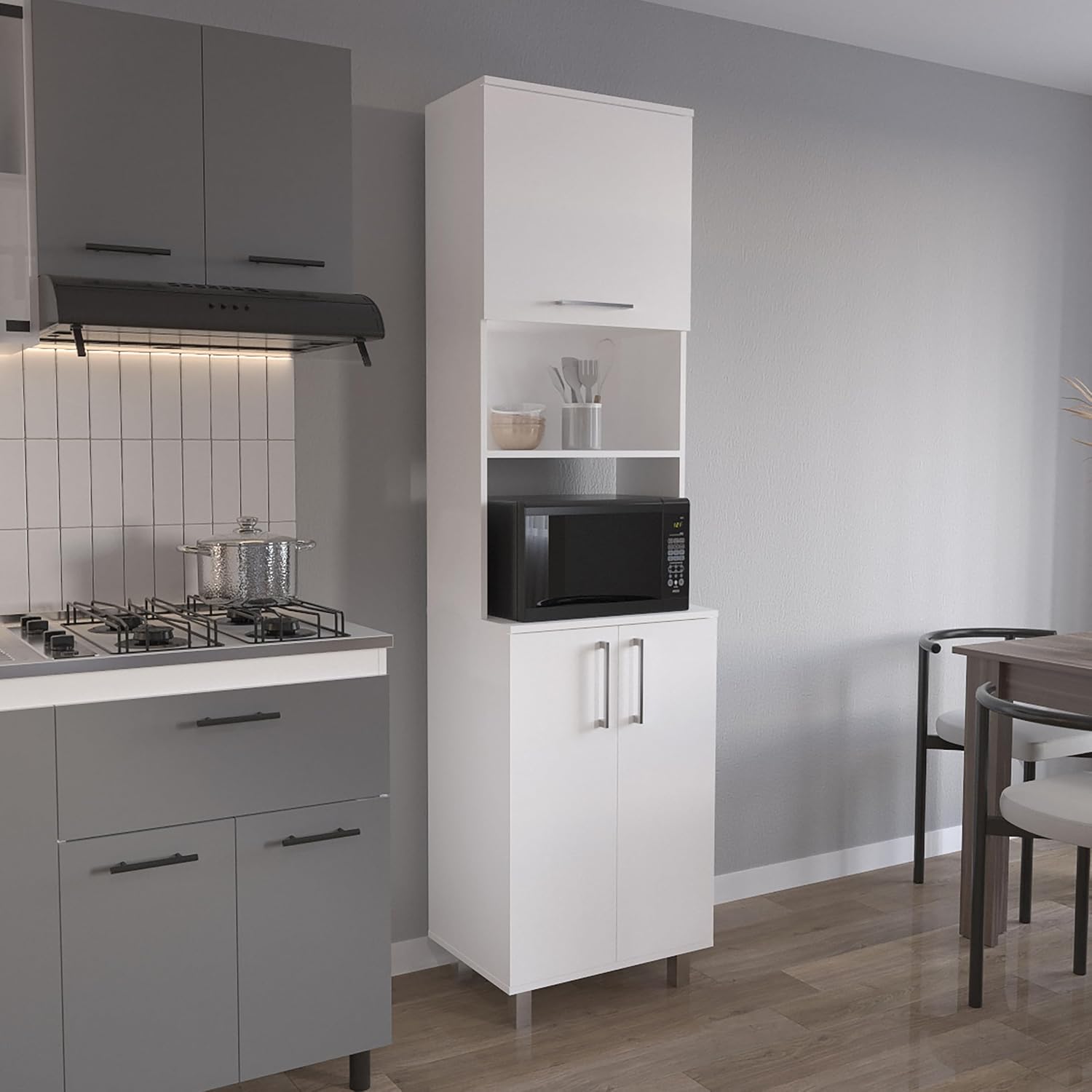 21.7" D*15.4" W*80.3" H Freestanding Kitchen Pantry with 4 Shelves, Top Single Door & Lower Double Door, Rectangular Storage Cabinet, Modern Minimalist, for Living Room, Dining Room, White