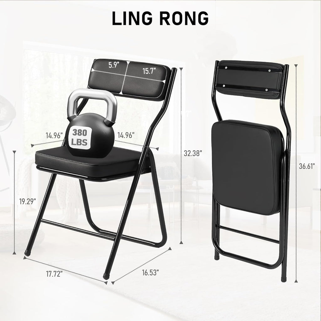 4 Pack Black Padded Folding Chairs with PU Leather Cushion and Backrest, Upholstered Foldable Dining Chair with Metal Frame for Indoor Outdoor Party Wedding Office Events, 380lbs Capacity
