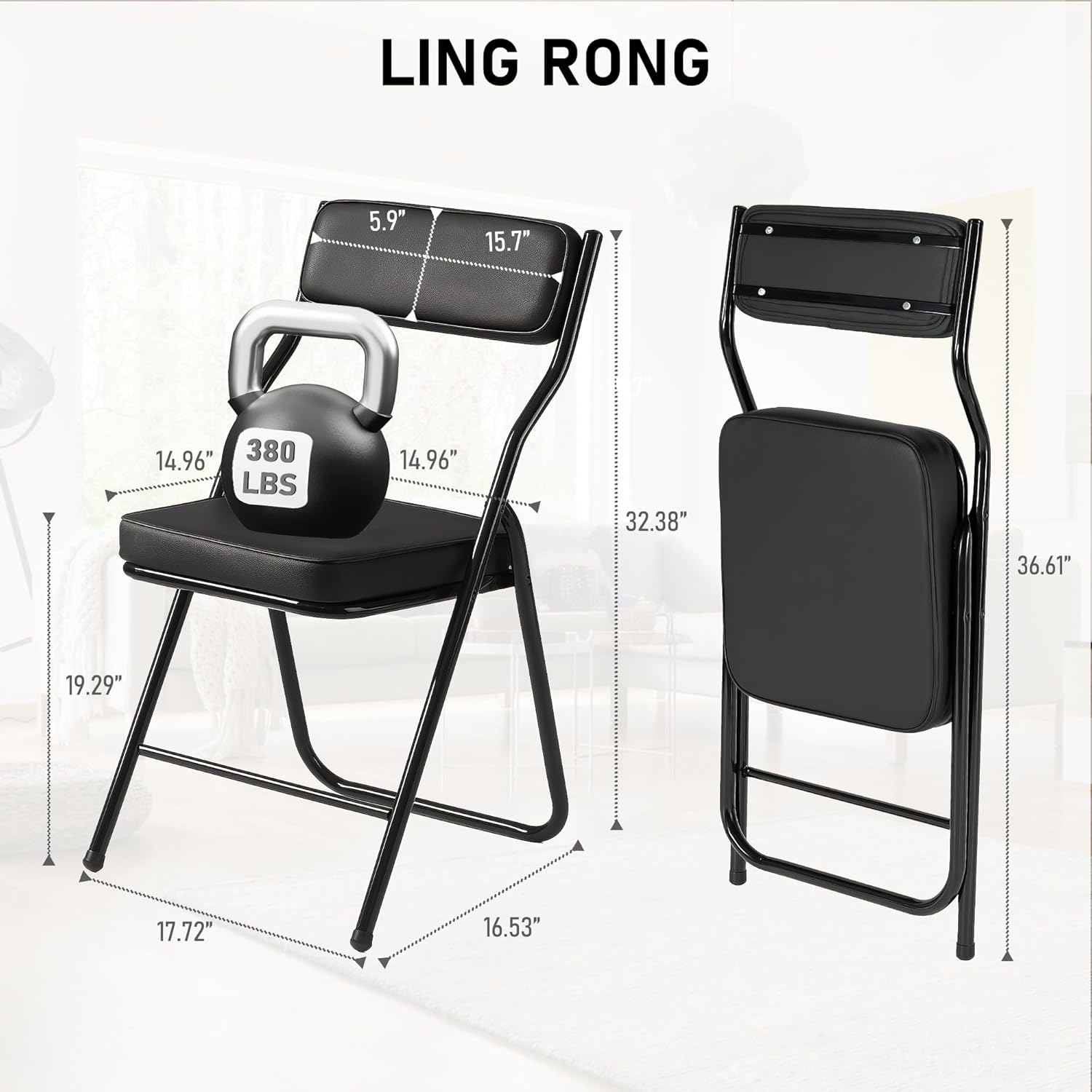 4 Pack Black Padded Folding Chairs with PU Leather Cushion and Backrest, Upholstered Foldable Dining Chair with Metal Frame for Indoor Outdoor Party Wedding Office Events, 380lbs Capacity