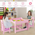 LDAILY Kids Table and Chairs, 3 in 1 Wooden Kids Table with Storage Drawer, Removable Blackboard, Reversible Tabletop, Toddler Table and Chair Set for Drawing, Reading (Pink)