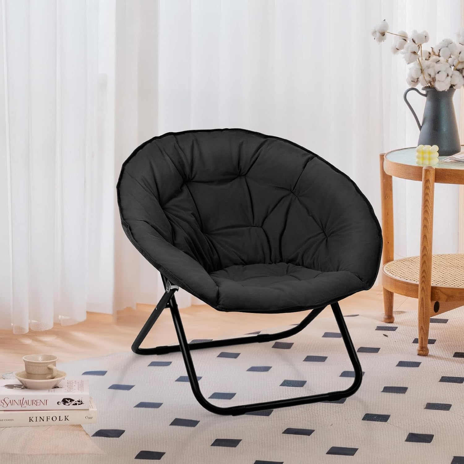 Grezone Folding Faux Fur Saucer Chair,Portable Folding Soft Moon Chair for Bedroom, Dorm Rooms, Apartments, Lounging, Garden and Courtyard, Black