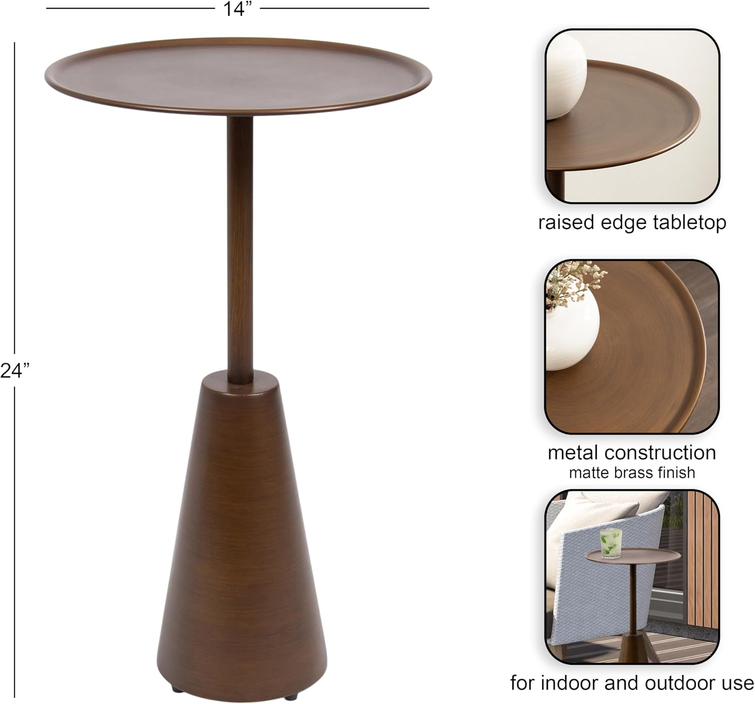 Kate and Laurel Sitara Modern Metal Circle Side Table, 14 x 14 x 24, Antique Brass, Unique Outdoor-Safe Round Metallic End Table for Use as Patio Accent Table or Pedestal Martini Table