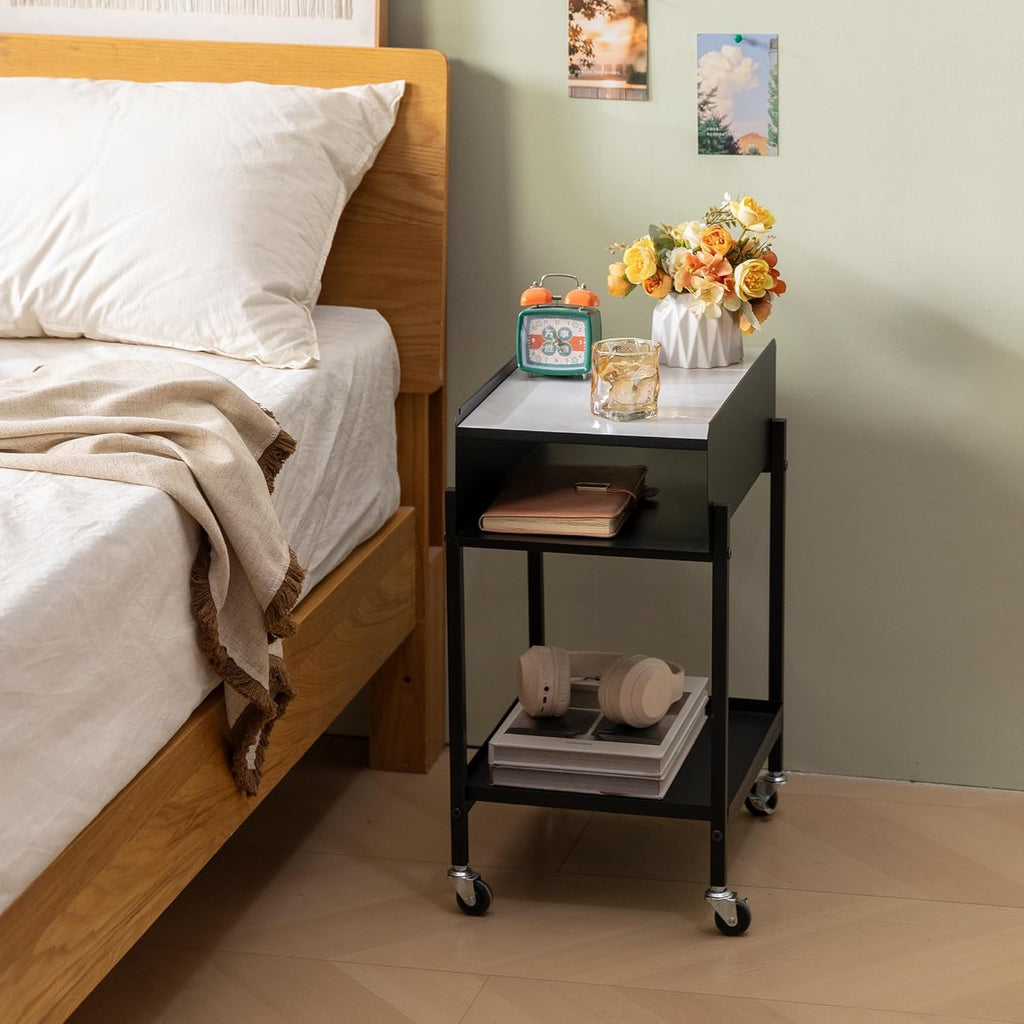 Bedside Table with Wheels Rolling Nightstand 3-Tier Sofa Side Table Modern End Table for Small Space Bedroom Office Living Room Marble Top and Open Shelf Easy Assembly (Black)