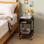 Bedside Table with Wheels Rolling Nightstand 3-Tier Sofa Side Table Modern End Table for Small Space Bedroom Office Living Room Marble Top and Open Shelf Easy Assembly (Black)