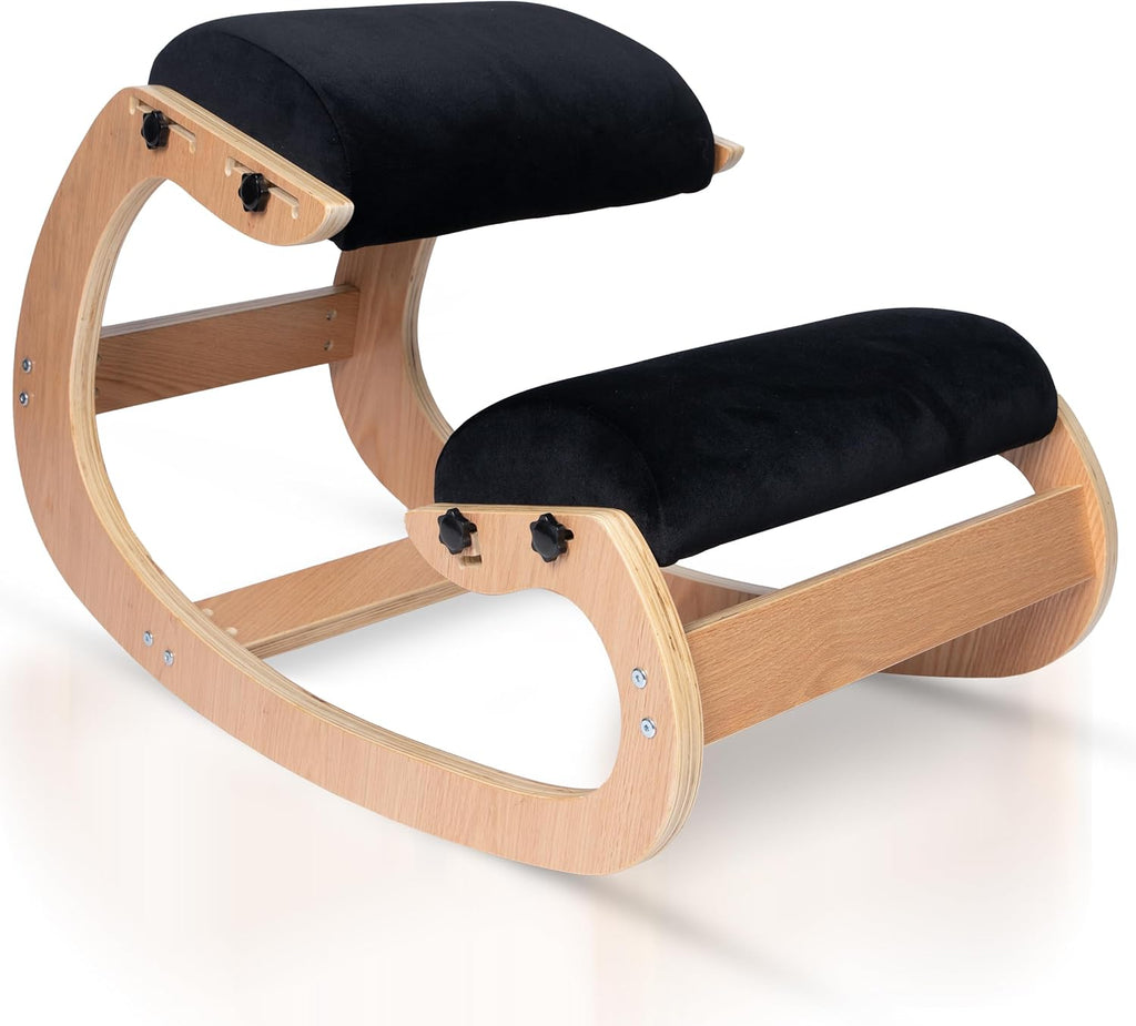 Ergonomic Kneeling Chair, Adjustable Seat - Office Chair for Desk, Posture Corrector, Premium Comfort Cushion, Wooden Rocking Knee Chair (Black)