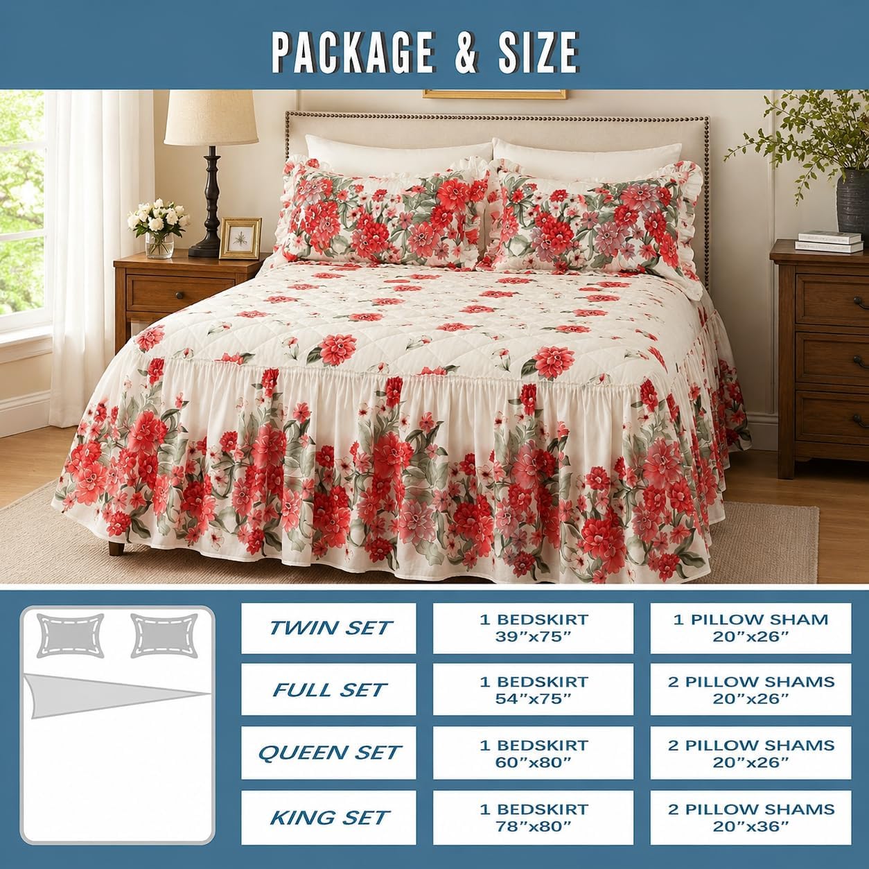 100% Cotton Ruffled Bed Skirt with 21 Inch Drop, Dust Ruffle for Twin XL, Full, Queen and King Size Beds, Wrinkle Free Floral Bed Skirt, Elegant Bedspread Set with Pillow Sham