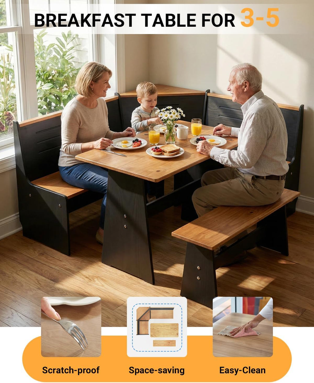 Breakfast Nook Table Set - Reinforced Packaging - Corner Kitchen Dining Table Set for 4-6 People, Solid Pine Wood with L-Shaped Bench Modern Farmhouse Dining Room Set, Coal Black