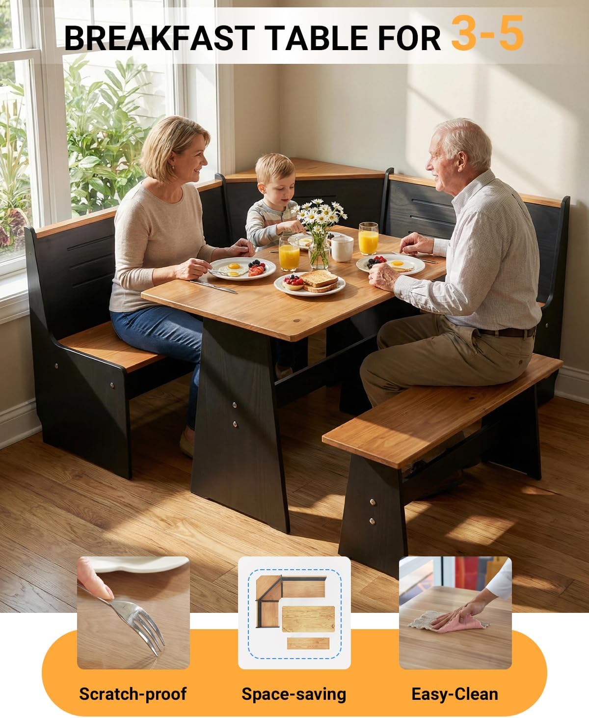 Breakfast Nook Table Set - Corner Kitchen Dining Table Set for 4-6 People, Modern Farmhouse Dining Room Solid Pine Wood with L-Shaped Bench Set for Family Morning Coffee & Brunch, Space-Saving, Black
